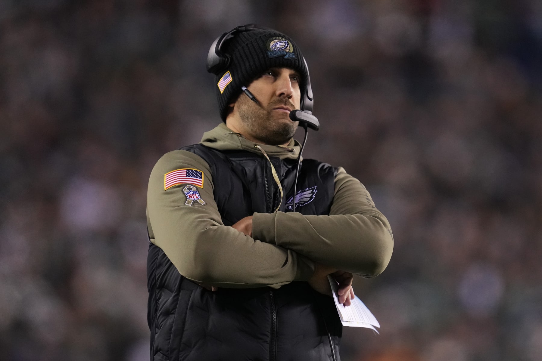 PHILADELPHIA, PA - NOVEMBER 14: Head coach Nick Sirianni of the Philadelphia Eagles looks on against the Washington Commanders at Lincoln Financial Field on November 14, 2022 in Philadelphia, Pennsylvania. (Photo by Mitchell Leff/Getty Images)