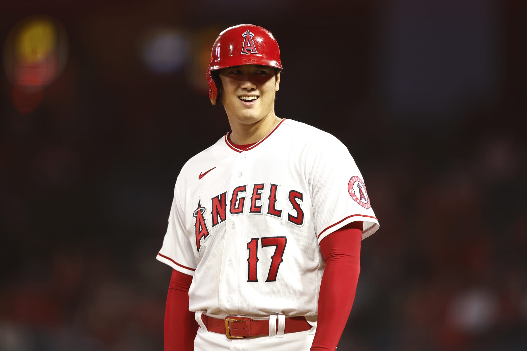 ANAHEIM, CALIFORNIA - SEPTEMBER 30: Shohei Ohtani #17 of the Los Angeles Angels reacts while on third base during a game against the Texas Rangers in the first inning at Angel Stadium of Anaheim on September 30, 2022 in Anaheim, California. (Photo by Michael Owens/Getty Images)