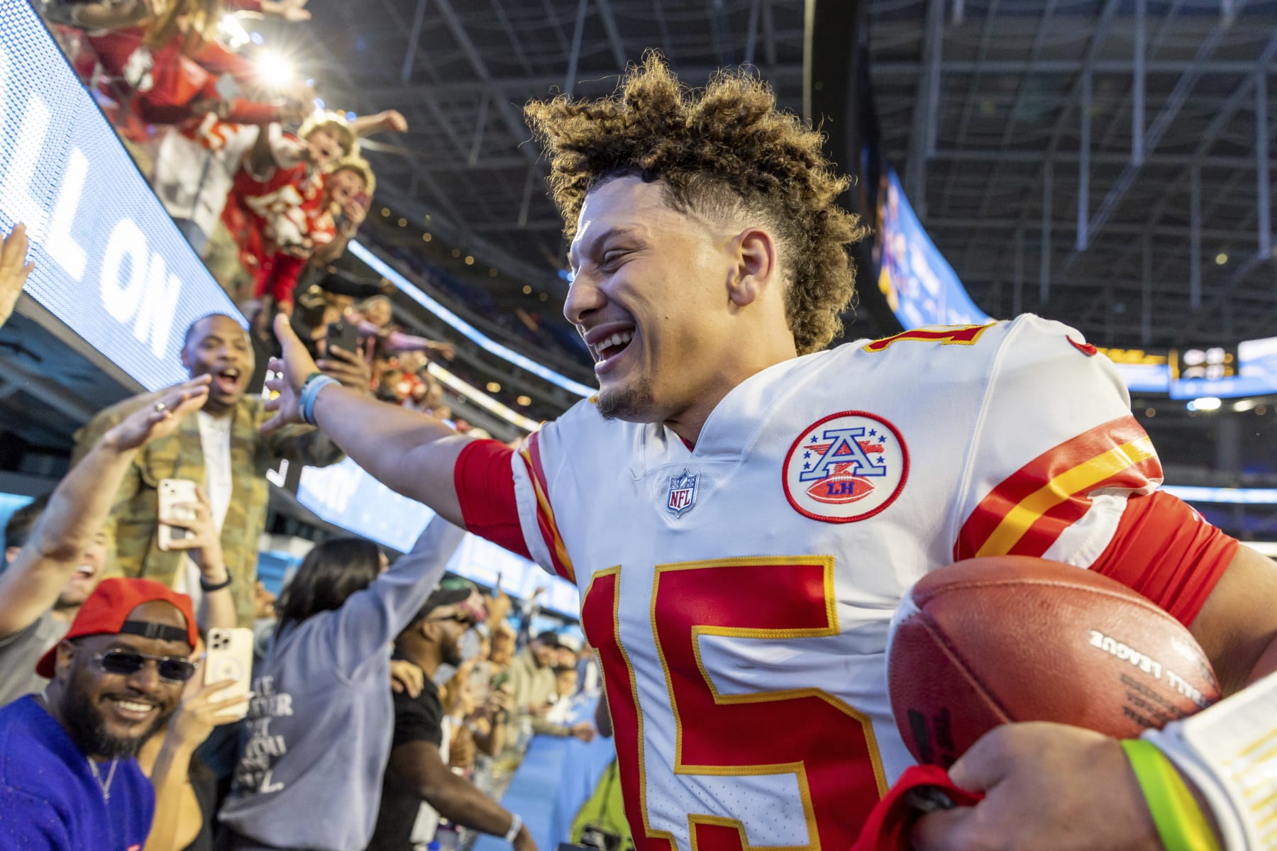 Kansas City Chiefs quarterback Patrick Mahomes (15) celebrates after the Chiefs defeat the Los Angeles Chargers 30-27 in an NFL football game, Sunday, Nov. 20, 2022, in Inglewood, Calif. (AP Photo/Jeff Lewis)