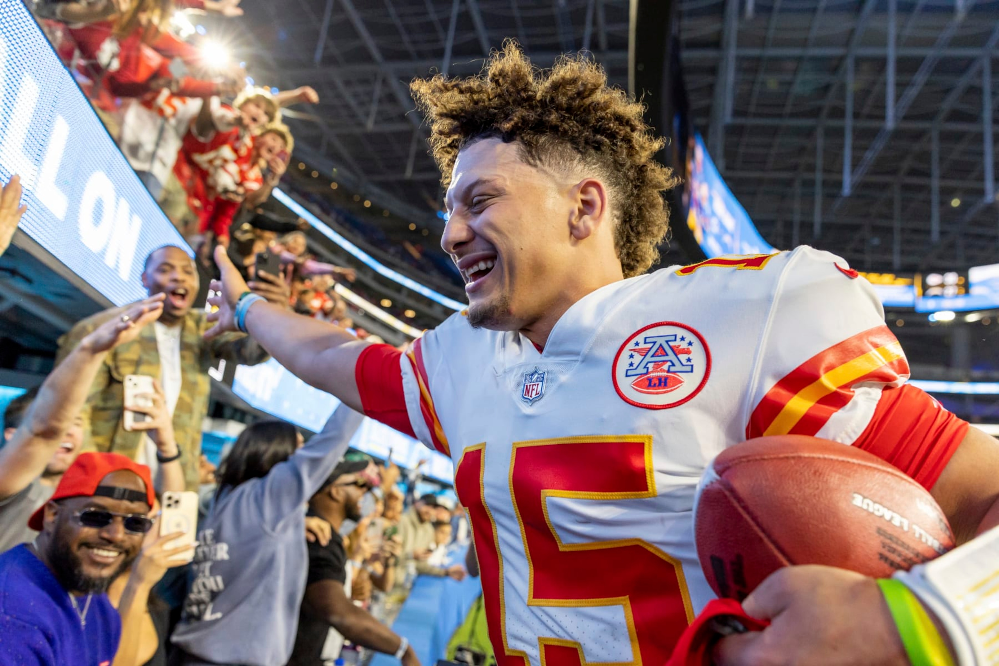 Kansas City Chiefs quarterback Patrick Mahomes (15) celebrates after the Chiefs defeat the Los Angeles Chargers 30-27 in an NFL football game, Sunday, Nov. 20, 2022, in Inglewood, Calif. (AP Photo/Jeff Lewis)