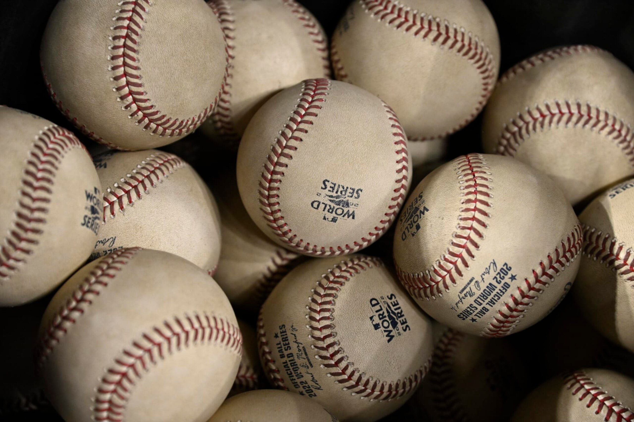 Baseball: World Series: A general view of baseballs displayed during the Houston Astros vs Philadelphia Phillies game at Minute Maid Park. Game 6. 
Houston, TX 11/5/2022 
CREDIT: Greg Nelson (Photo by Greg Nelson/Sports Illustrated via Getty Images) 
(Set Number: X164229 TK1)