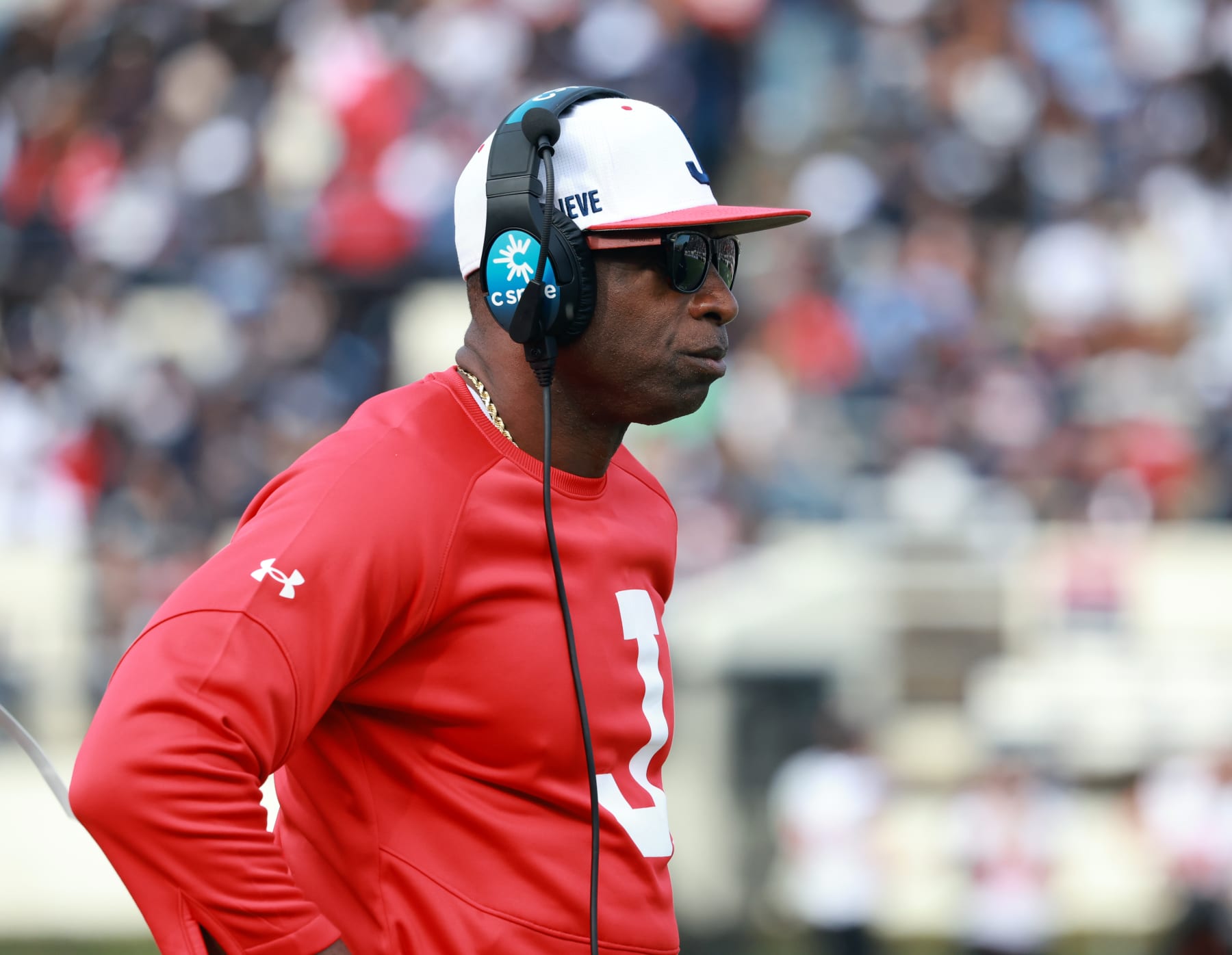 JACKSON, MS - OCTOBER 22: Deion Coach Prime Sander surveys the field of play during the Jackson State Tigers and Campbell Fighting Camels NCAA Division I Football Championship Subdivision game at Mississippi Veterans Memorial Stadium on October 21, 2022 in Jackson, Mississippi. (Photo by Charles A. Smith/Jackson State University via Getty Images)