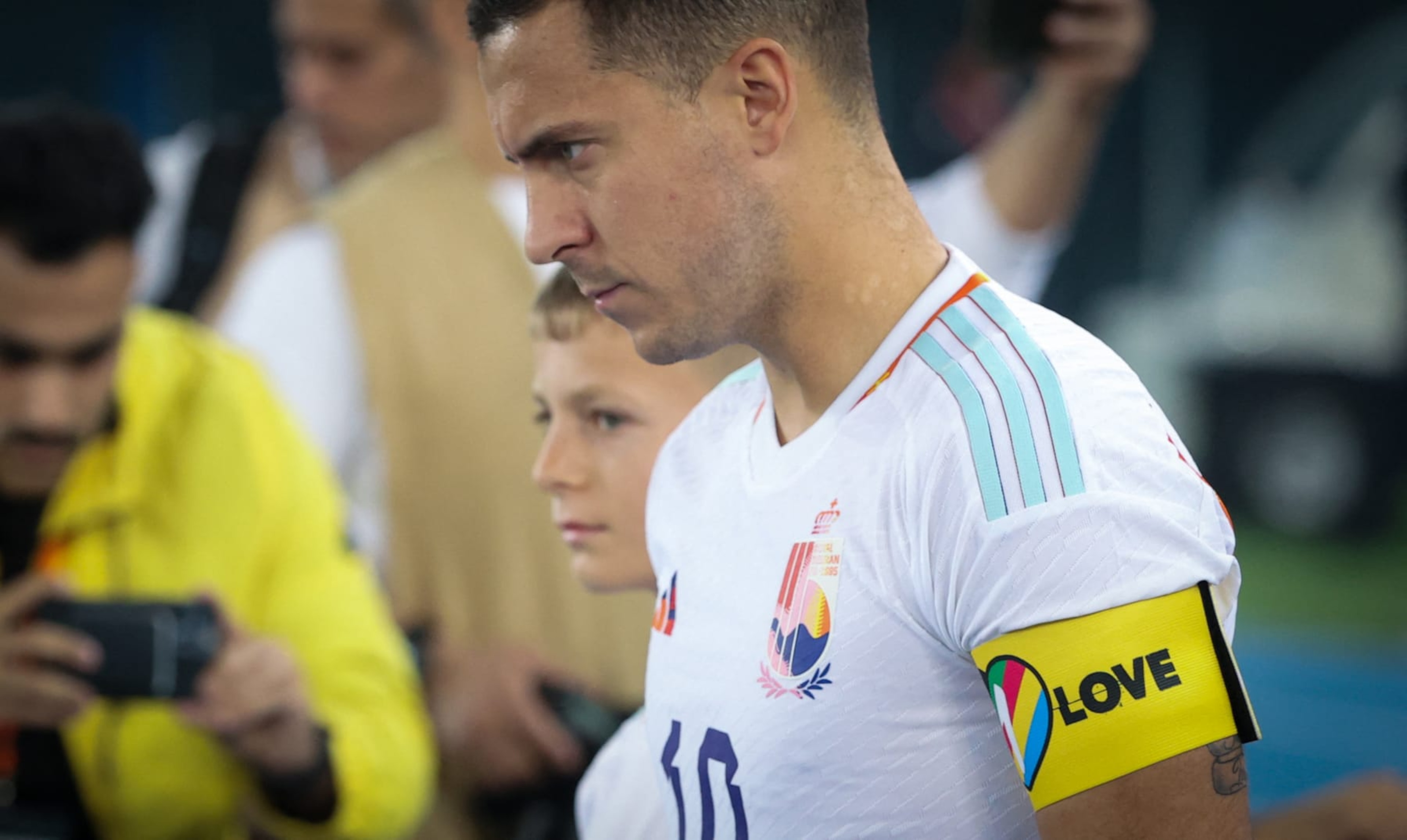 Belgium's Eden Hazard wears the OneLove captain's armband for LGBTQ+ rights at a friendly soccer game of the Egyptian national soccer team against Belgian national soccer team the Red Devils, at Jaber Al-Ahmad International Stadium, in Ardiya, Kuwait, Friday 18 November 2022. The Red Devils are in Kuwait to prepare for the upcoming Fifa 2022 World Cup in Qatar.
BELGA PHOTO VIRGINIE LEFOUR (Photo by VIRGINIE LEFOUR / BELGA MAG / Belga via AFP) (Photo by VIRGINIE LEFOUR/BELGA MAG/AFP via Getty Images) Belgium's Eden Hazard wears the OneLove captain's armband for LGBTQ+ rights at a friendly soccer game of the Egyptian national soccer team against Belgian national soccer team the Red Devils, at Jaber Al-Ahmad International Stadium, in Ardiya, Kuwait, Friday 18 November 2022. The Red Devils are in Kuwait to prepare for the upcoming Fifa 2022 World Cup in Qatar.
BELGA PHOTO VIRGINIE LEFOUR (Photo by VIRGINIE LEFOUR / BELGA MAG / Belga via AFP) (Photo by VIRGINIE LEFOUR/BELGA MAG/AFP via Getty Images)