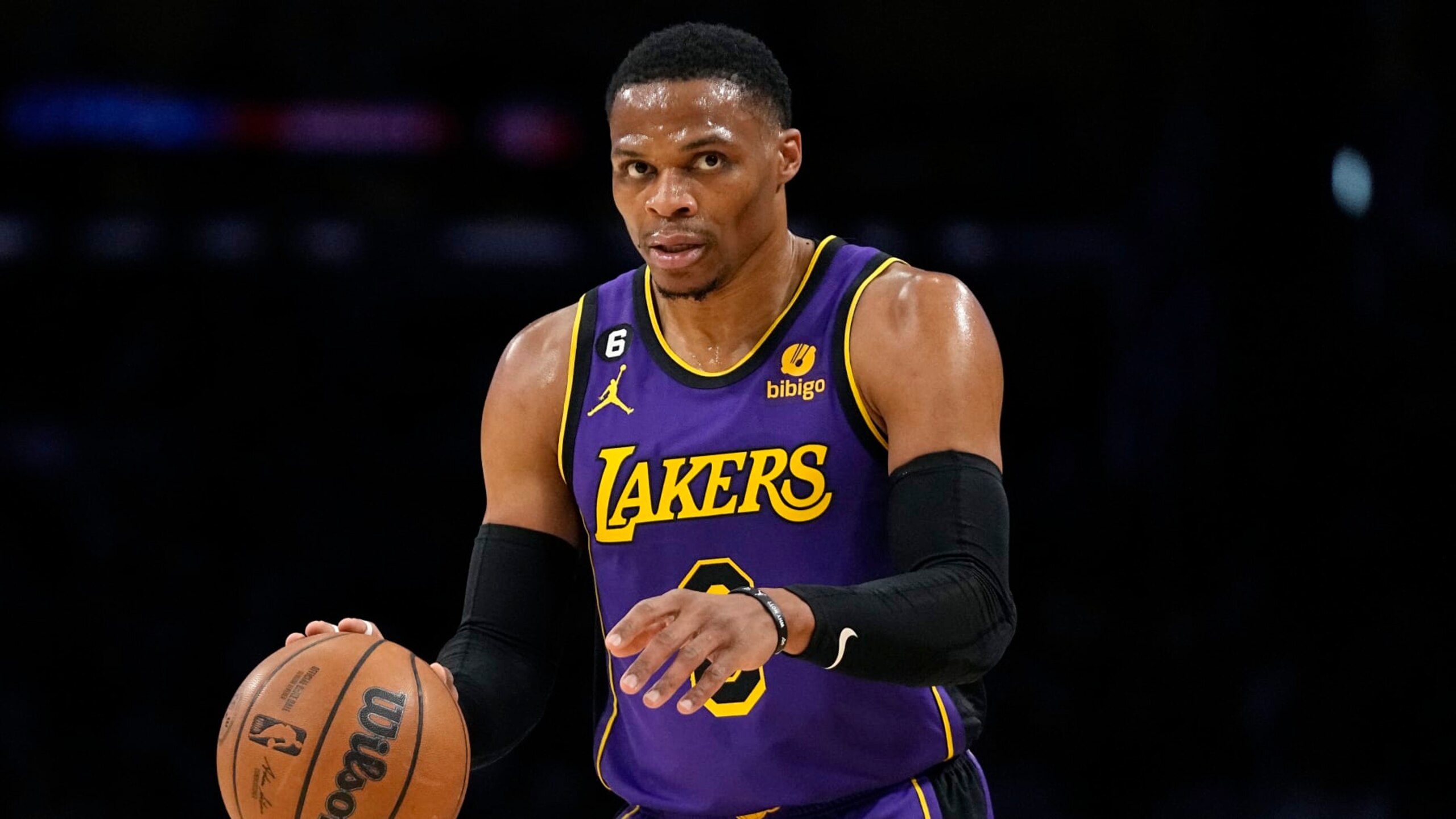 Los Angeles Lakers guard Russell Westbrook dribbles during the first half of an NBA basketball game against the Sacramento Kings Friday, Nov. 11, 2022, in Los Angeles. (AP Photo/Mark J. Terrill)