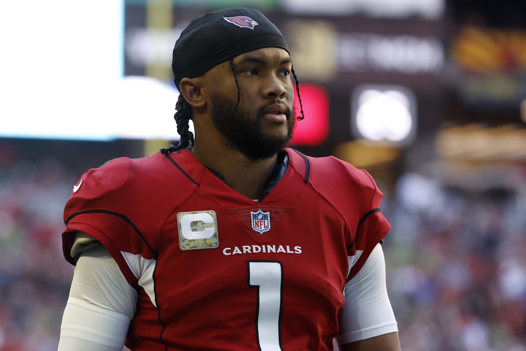 GLENDALE, ARIZONA - NOVEMBER 06: Quarterback Kyler Murray #1 of the Arizona Cardinals walks on the field before the game against the Seattle Seahawks at State Farm Stadium on November 06, 2022 in Glendale, Arizona. The Seahawks beat the Cardinals 31-21. (Photo by Chris Coduto/Getty Images)