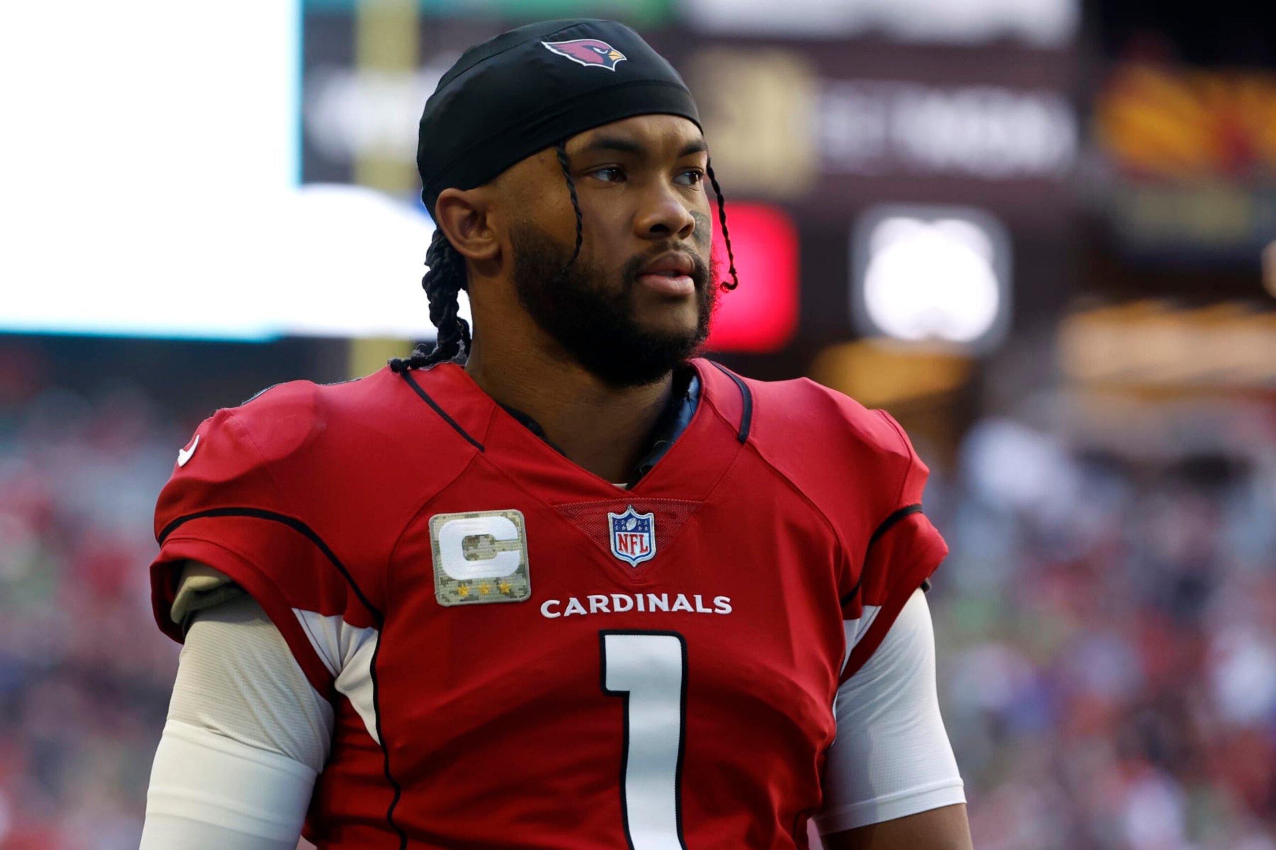 GLENDALE, ARIZONA - NOVEMBER 06: Quarterback Kyler Murray #1 of the Arizona Cardinals walks on the field before the game against the Seattle Seahawks at State Farm Stadium on November 06, 2022 in Glendale, Arizona. The Seahawks beat the Cardinals 31-21. (Photo by Chris Coduto/Getty Images)