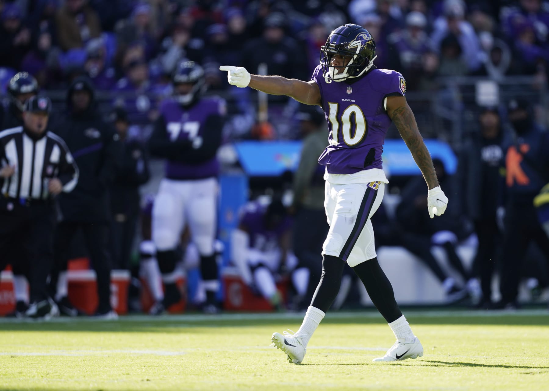 Baltimore Ravens wide receiver Demarcus Robinson (10) celebrates a first down in the first half of an NFL football game against the Carolina Panthers Sunday, Nov. 20, 2022, in Baltimore. (AP Photo/Patrick Semansky)