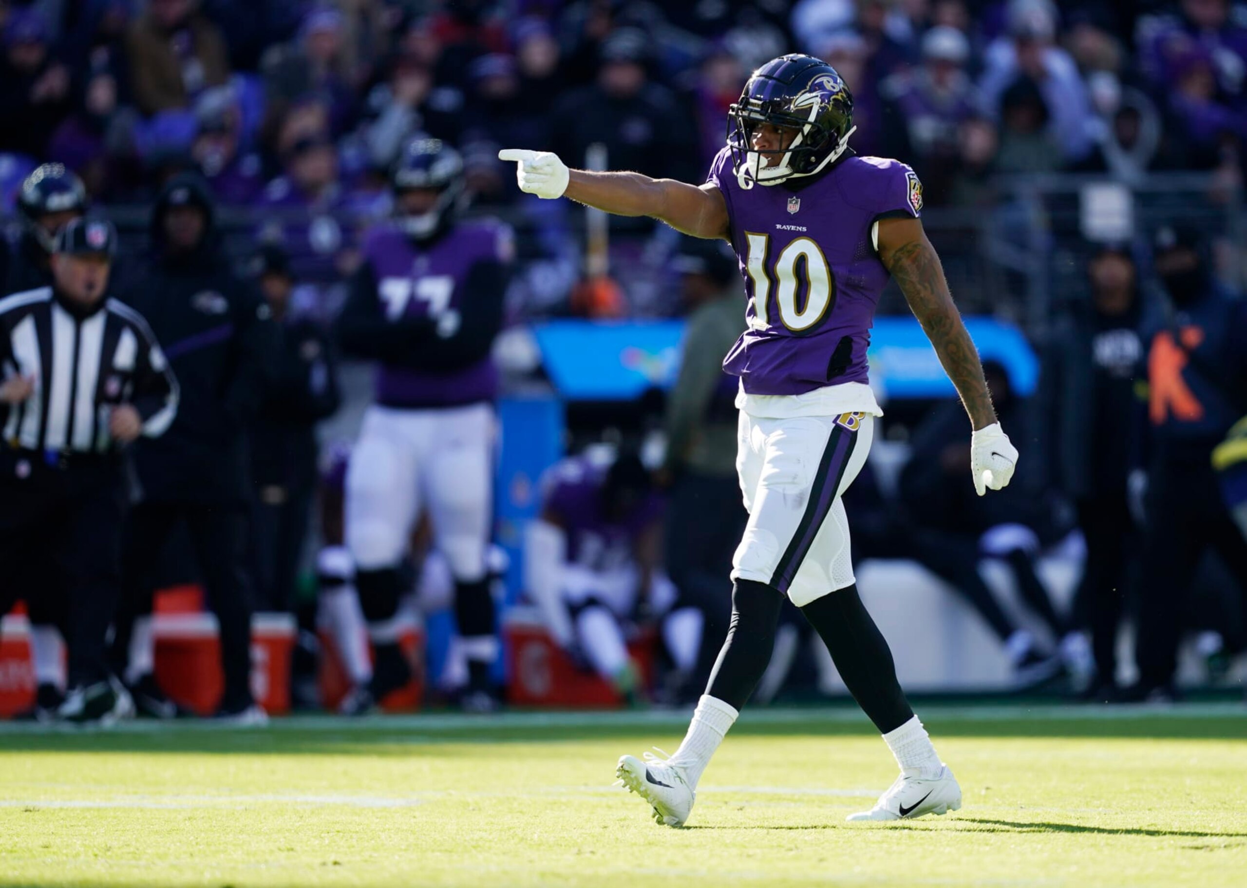 Baltimore Ravens wide receiver Demarcus Robinson (10) celebrates a first down in the first half of an NFL football game against the Carolina Panthers Sunday, Nov. 20, 2022, in Baltimore. (AP Photo/Patrick Semansky) Baltimore Ravens wide receiver Demarcus Robinson (10) celebrates a first down in the first half of an NFL football game against the Carolina Panthers Sunday, Nov. 20, 2022, in Baltimore. (AP Photo/Patrick Semansky)