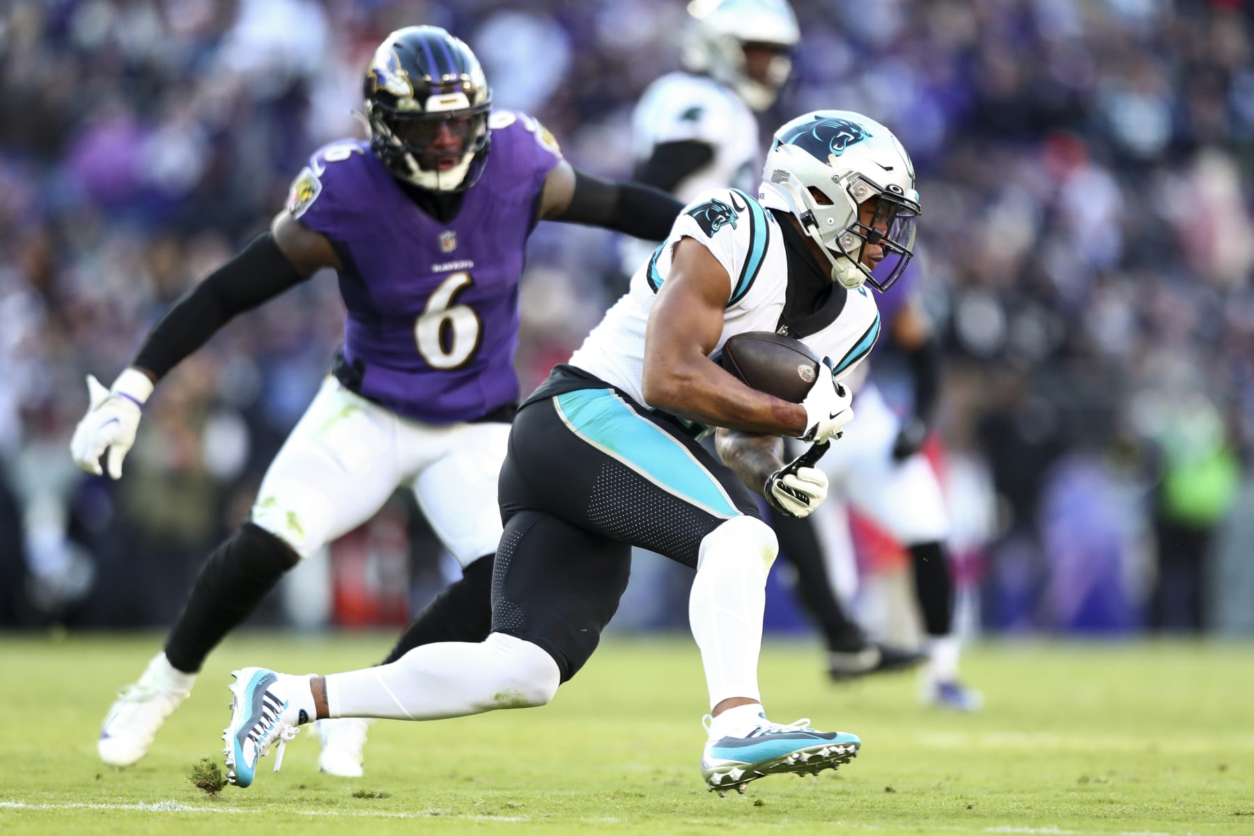 BALTIMORE, MD - NOVEMBER 20: DJ Moore #2 of the Carolina Panthers carries the ball during the third quarter of an NFL football game against the Baltimore Ravens at M&T Bank Stadium on November 20, 2022 in Baltimore, Maryland. (Photo by Kevin Sabitus/Getty Images)
