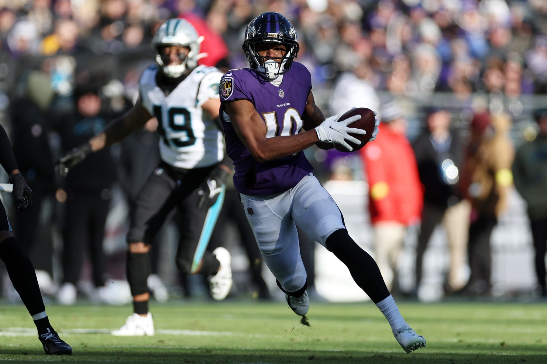 BALTIMORE, MARYLAND - NOVEMBER 20: Demarcus Robinson #10 of the Baltimore Ravens runs after a catch in the second quarter of a game against the Carolina Panthers at M&T Bank Stadium on November 20, 2022 in Baltimore, Maryland. (Photo by Scott Taetsch/Getty Images)