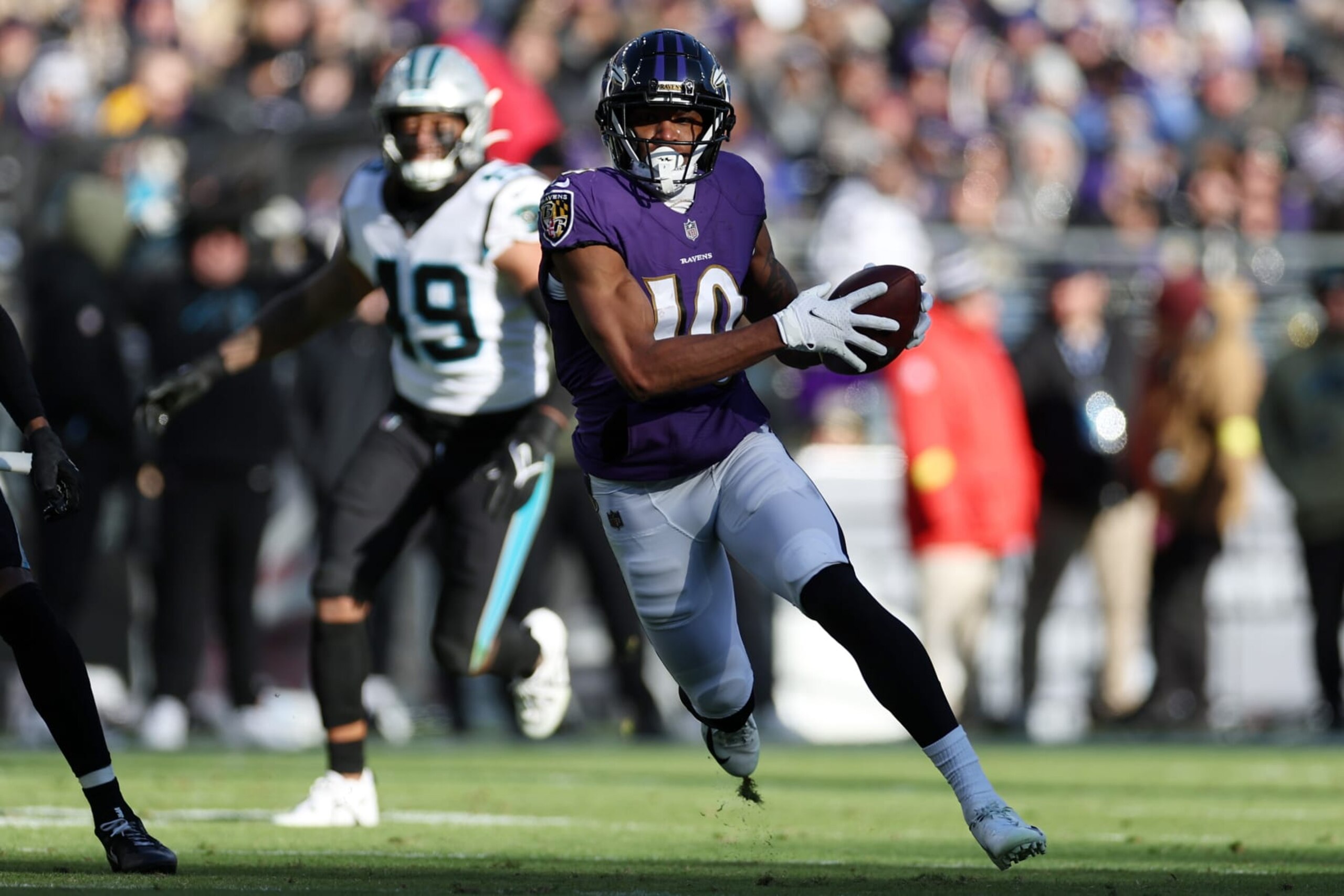 BALTIMORE, MARYLAND - NOVEMBER 20: Demarcus Robinson #10 of the Baltimore Ravens runs after a catch in the second quarter of a game against the Carolina Panthers at M&T Bank Stadium on November 20, 2022 in Baltimore, Maryland. (Photo by Scott Taetsch/Getty Images) BALTIMORE, MARYLAND - NOVEMBER 20: Demarcus Robinson #10 of the Baltimore Ravens runs after a catch in the second quarter of a game against the Carolina Panthers at M&T Bank Stadium on November 20, 2022 in Baltimore, Maryland. (Photo by Scott Taetsch/Getty Images)