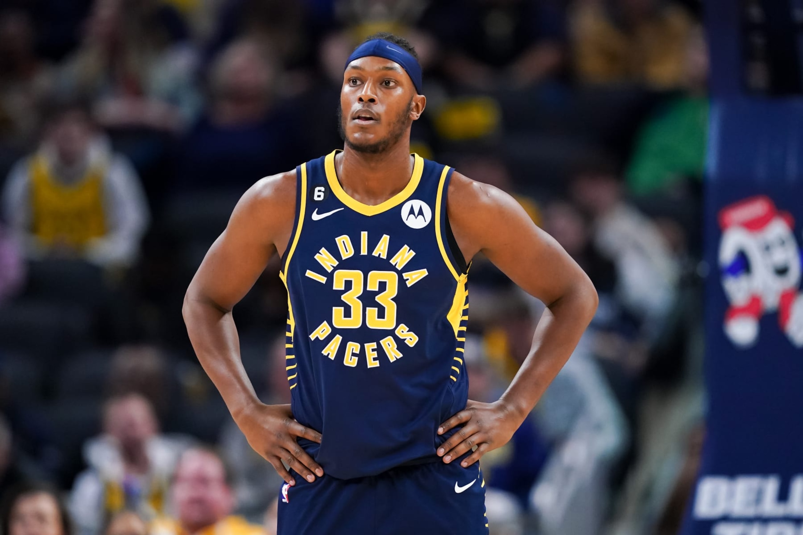INDIANAPOLIS, INDIANA - NOVEMBER 19: Myles Turner #33 of the Indiana Pacers looks on in the first quarter against the Orlando Magic at Gainbridge Fieldhouse on November 19, 2022 in Indianapolis, Indiana. NOTE TO USER: User expressly acknowledges and agrees that, by downloading and or using this photograph, User is consenting to the terms and conditions of the Getty Images License Agreement. (Photo by Dylan Buell/Getty Images)