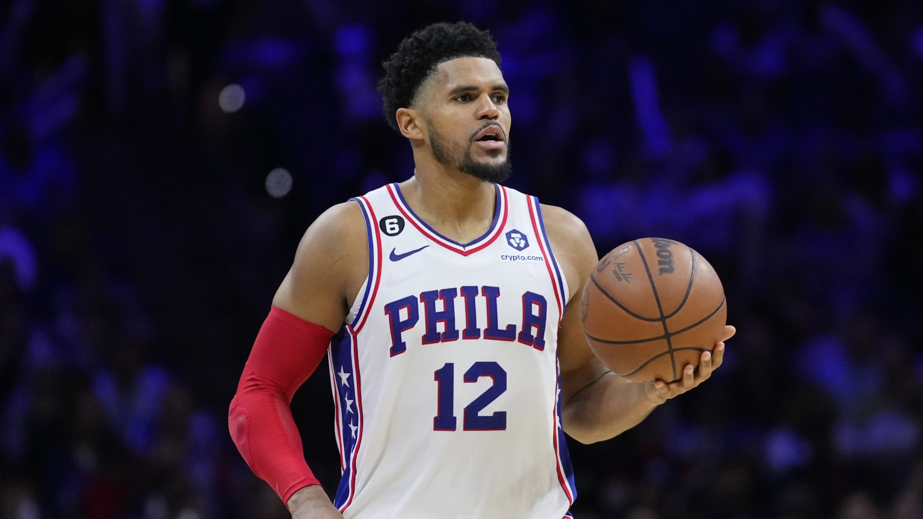Philadelphia 76ers' Tobias Harris plays during an NBA basketball game, Saturday, Nov. 12, 2022, in Philadelphia. (AP Photo/Matt Slocum)