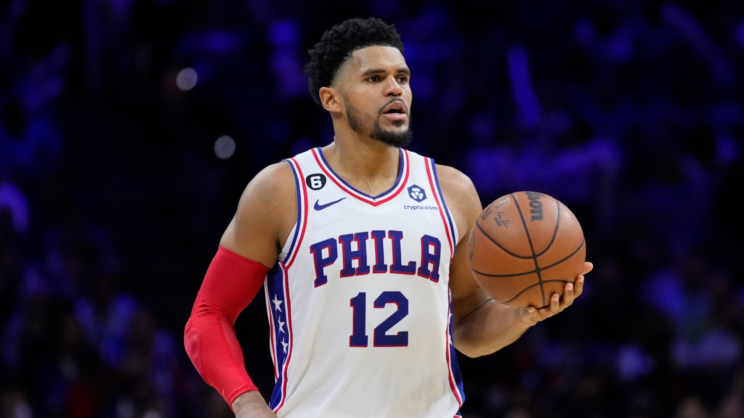 Philadelphia 76ers' Tobias Harris plays during an NBA basketball game, Saturday, Nov. 12, 2022, in Philadelphia. (AP Photo/Matt Slocum)