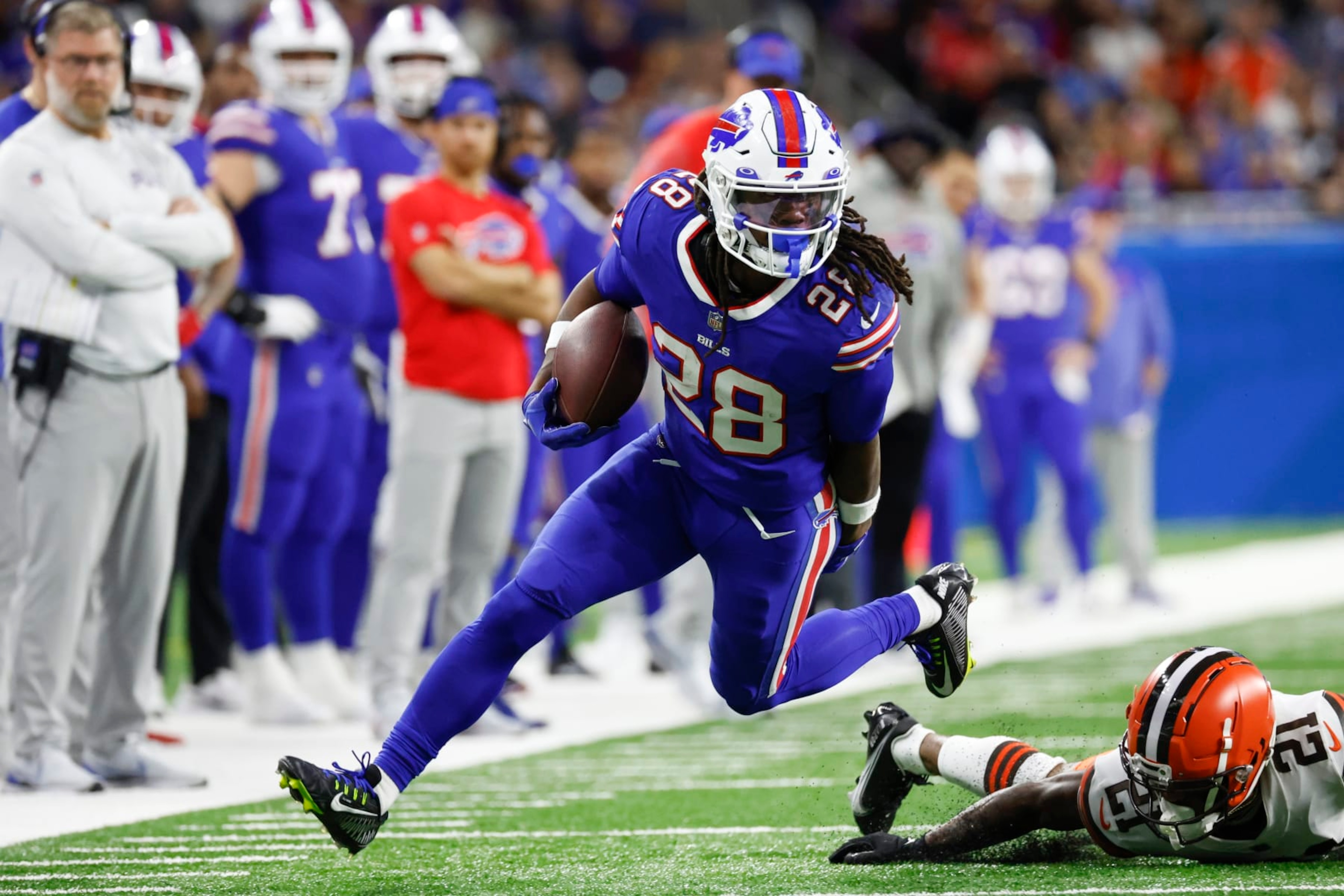 Buffalo Bills running back James Cook (28) rushes in the first half against the Cleveland Browns during an NFL football game, Sunday, Nov. 20, 2022, in Detroit. (AP Photo/Rick Osentoski) Buffalo Bills running back James Cook (28) rushes in the first half against the Cleveland Browns during an NFL football game, Sunday, Nov. 20, 2022, in Detroit. (AP Photo/Rick Osentoski)