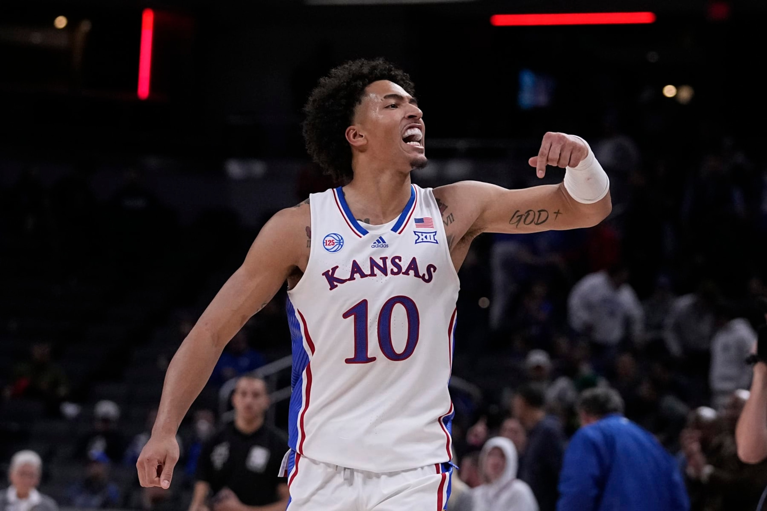 Kansas forward Jalen Wilson (10) reacts to a scar against Duke during the second half of an NCAA college basketball game, Wednesday, Nov. 16, 2022, in Indianapolis. (AP Photo/Darron Cummings) Kansas forward Jalen Wilson (10) reacts to a scar against Duke during the second half of an NCAA college basketball game, Wednesday, Nov. 16, 2022, in Indianapolis. (AP Photo/Darron Cummings)