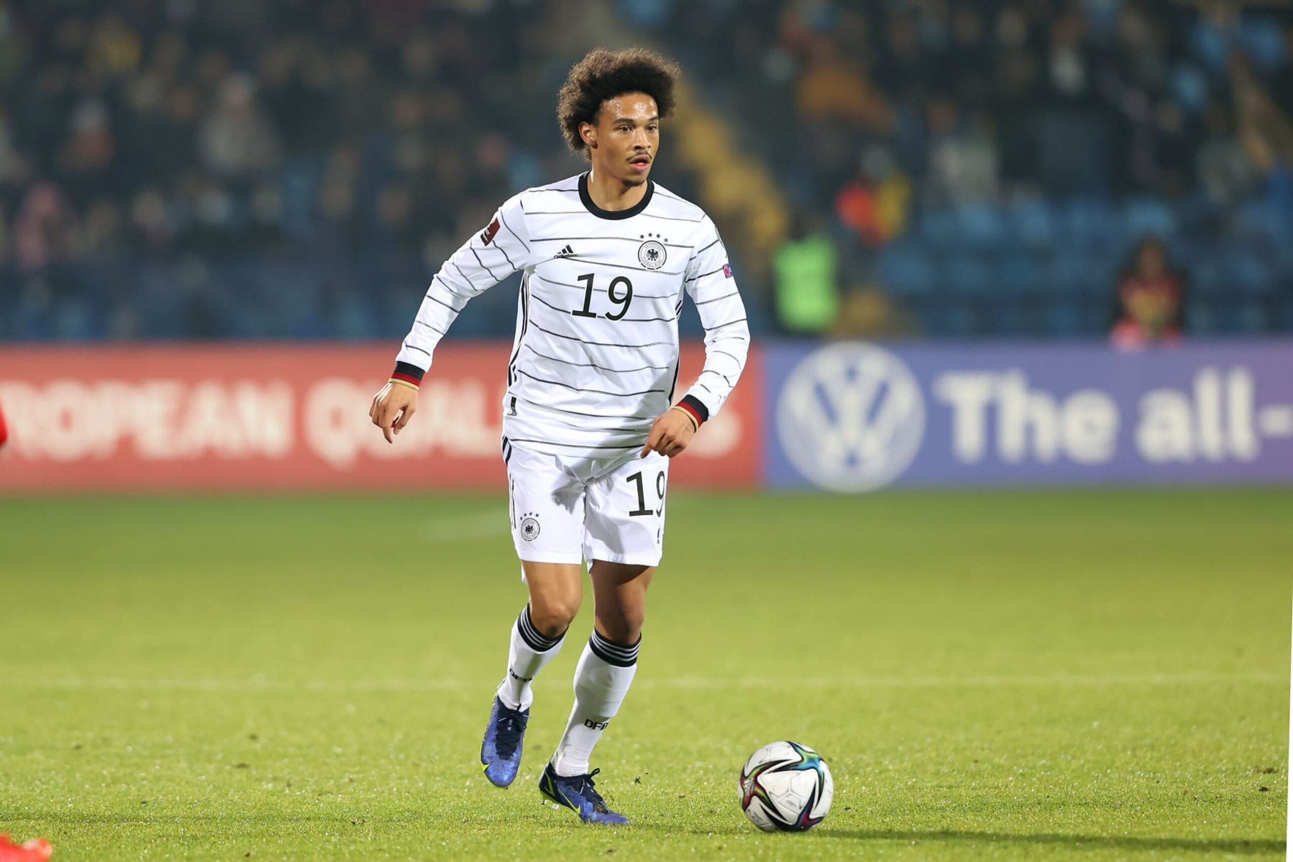 YEREVAN, ARMENIA - NOVEMBER 14: Leroy Sane of Germany runs with the ball during the 2022 FIFA World Cup Qualifier match between Armenia and Germany at Republican Stadium after Vazgen Sargsyan on November 14, 2021 in Yerevan, Armenia. (Photo by Alexander Hassenstein/Getty Images)