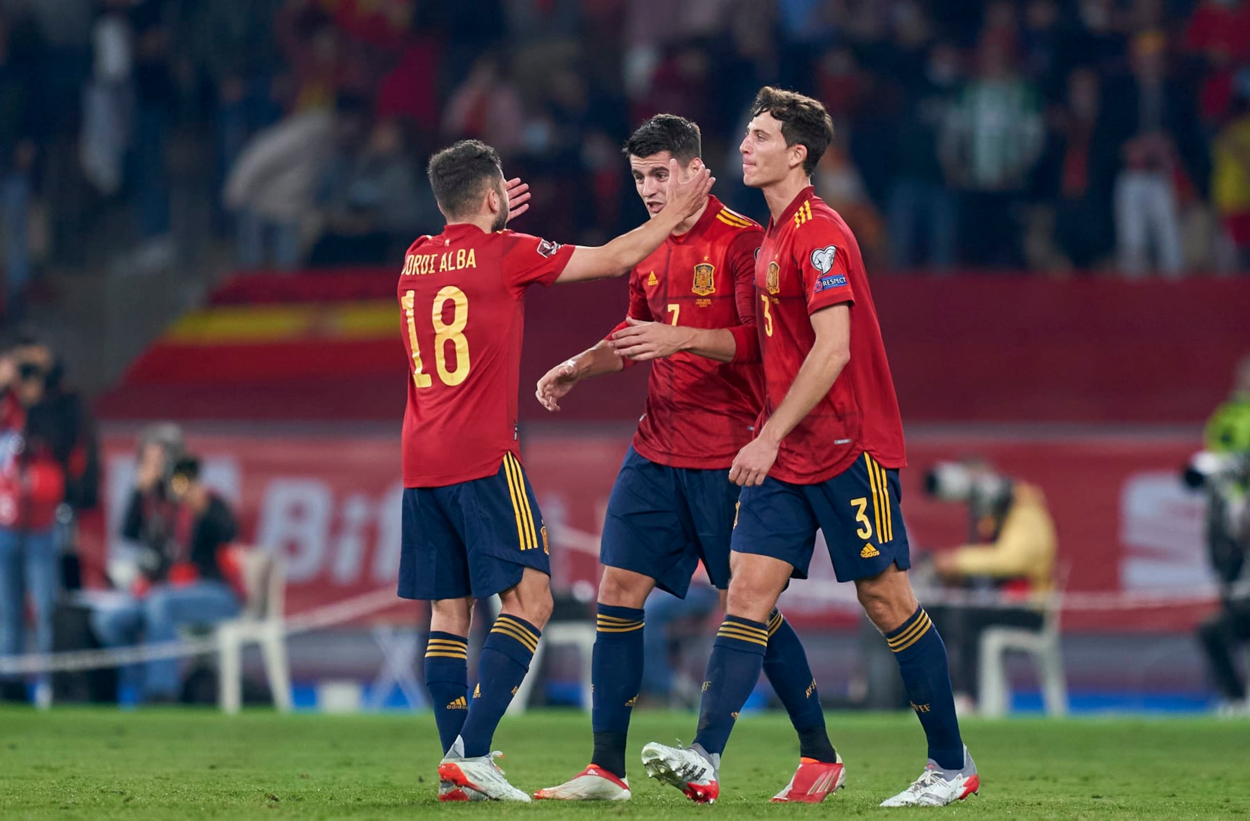 SEVILLE, SPAIN - NOVEMBER 14: Alvaro Morata of Spain celebrates with team mates after scoring his team's first goal during the 2022 FIFA World Cup Qualifier match between Spain and Sweden at Estadio de La Cartuja on November 14, 2021 in Seville. (Photo by Mateo Villalba/Quality Sport Images/Getty Images)