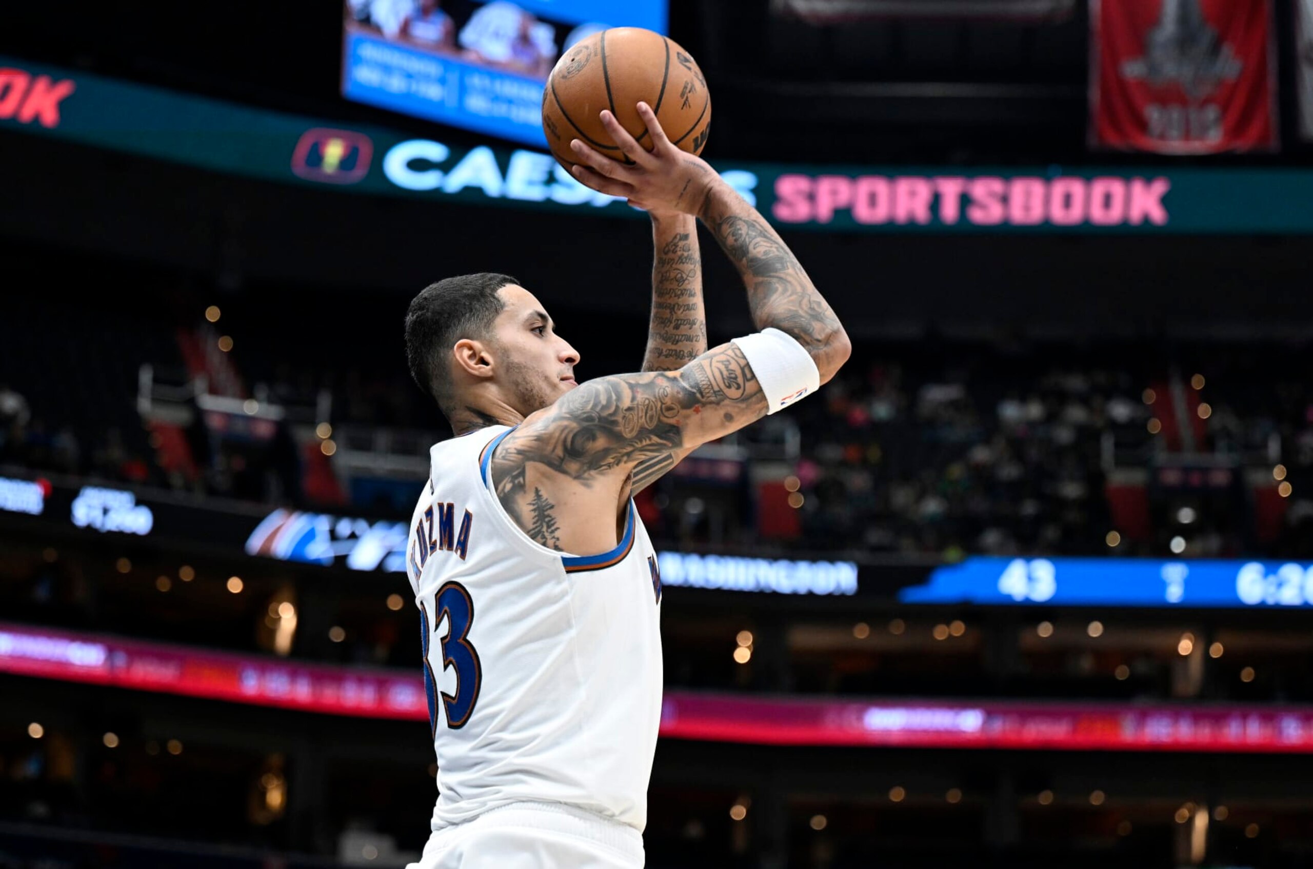 WASHINGTON, DC - NOVEMBER 20: Kyle Kuzma #33 of the Washington Wizards shoots the ball in the second quarter against the Charlotte Hornets at Capital One Arena on November 20, 2022 in Washington, DC. NOTE TO USER: User expressly acknowledges and agrees that, by downloading and or using this photograph, User is consenting to the terms and conditions of the Getty Images License Agreement. (Photo by G Fiume/Getty Images)