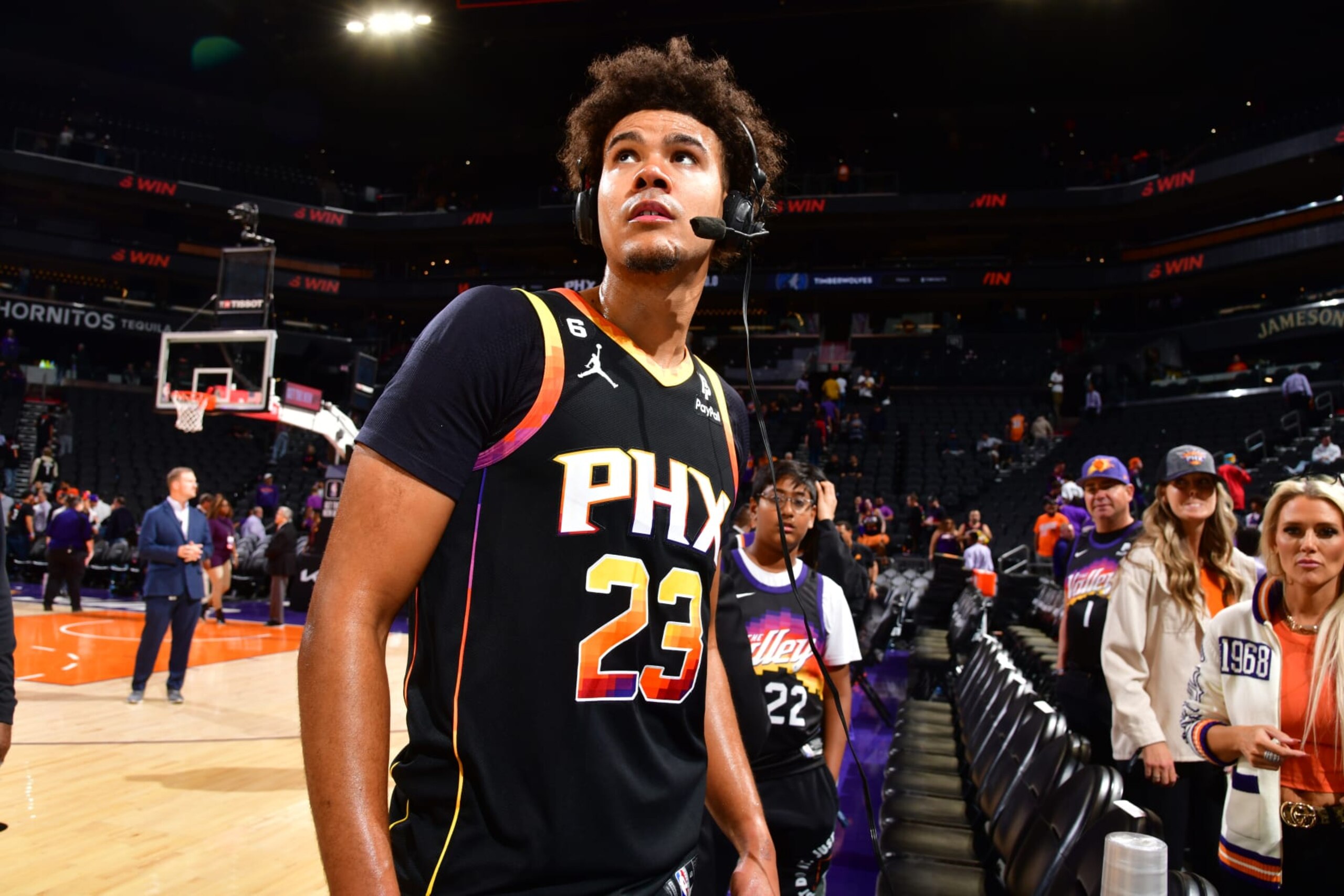 PHOENIX, AZ - NOVEMBER 1: Cameron Johnson #23 of the Phoenix Suns talks to the media after the game against the Minnesota Timberwolves on November 1, 2022 at Footprint Center in Phoenix, Arizona. NOTE TO USER: User expressly acknowledges and agrees that, by downloading and or using this photograph, user is consenting to the terms and conditions of the Getty Images License Agreement. Mandatory Copyright Notice: Copyright 2022 NBAE (Photo by Barry Gossage/NBAE via Getty Images)