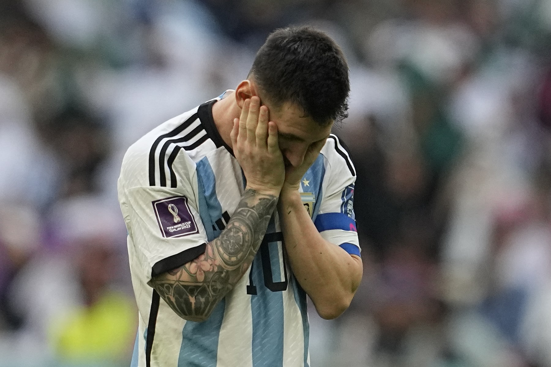 Argentina's Lionel Messi reacts after missing a chance during the World Cup group C soccer match between Argentina and Saudi Arabia at the Lusail Stadium in Lusail, Qatar, Tuesday, Nov. 22, 2022. (AP Photo/Ebrahim Noroozi)