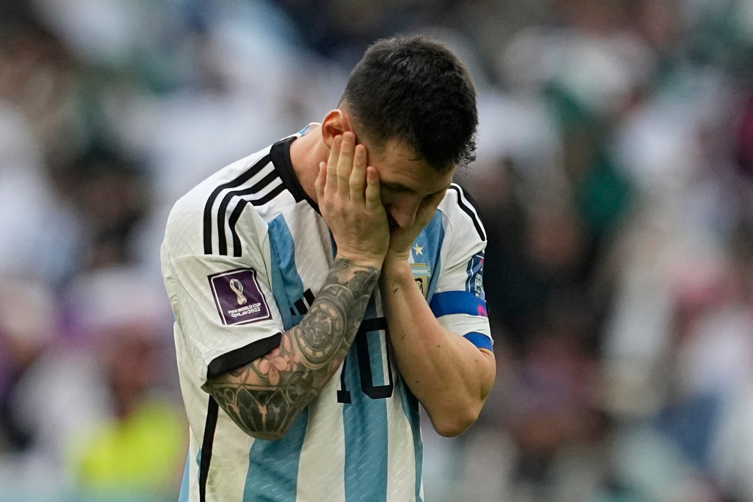 Argentina's Lionel Messi reacts after missing a chance during the World Cup group C soccer match between Argentina and Saudi Arabia at the Lusail Stadium in Lusail, Qatar, Tuesday, Nov. 22, 2022. (AP Photo/Ebrahim Noroozi) Argentina's Lionel Messi reacts after missing a chance during the World Cup group C soccer match between Argentina and Saudi Arabia at the Lusail Stadium in Lusail, Qatar, Tuesday, Nov. 22, 2022. (AP Photo/Ebrahim Noroozi)