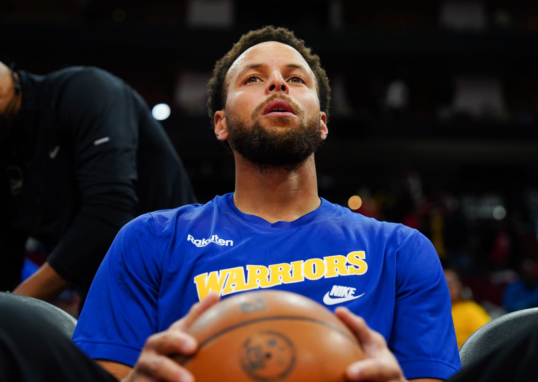 HOUSTON, TEXAS - NOVEMBER 20: Stephen Curry #30 of the Golden State Warriors looks on prior to the game against the Houston Rockets at Toyota Center on November 20, 2022 in Houston, Texas. NOTE TO USER: User expressly acknowledges and agrees that, by downloading and or using this photograph, User is consenting to the terms and conditions of the Getty Images License Agreement. (Photo by Alex Bierens de Haan/Getty Images)