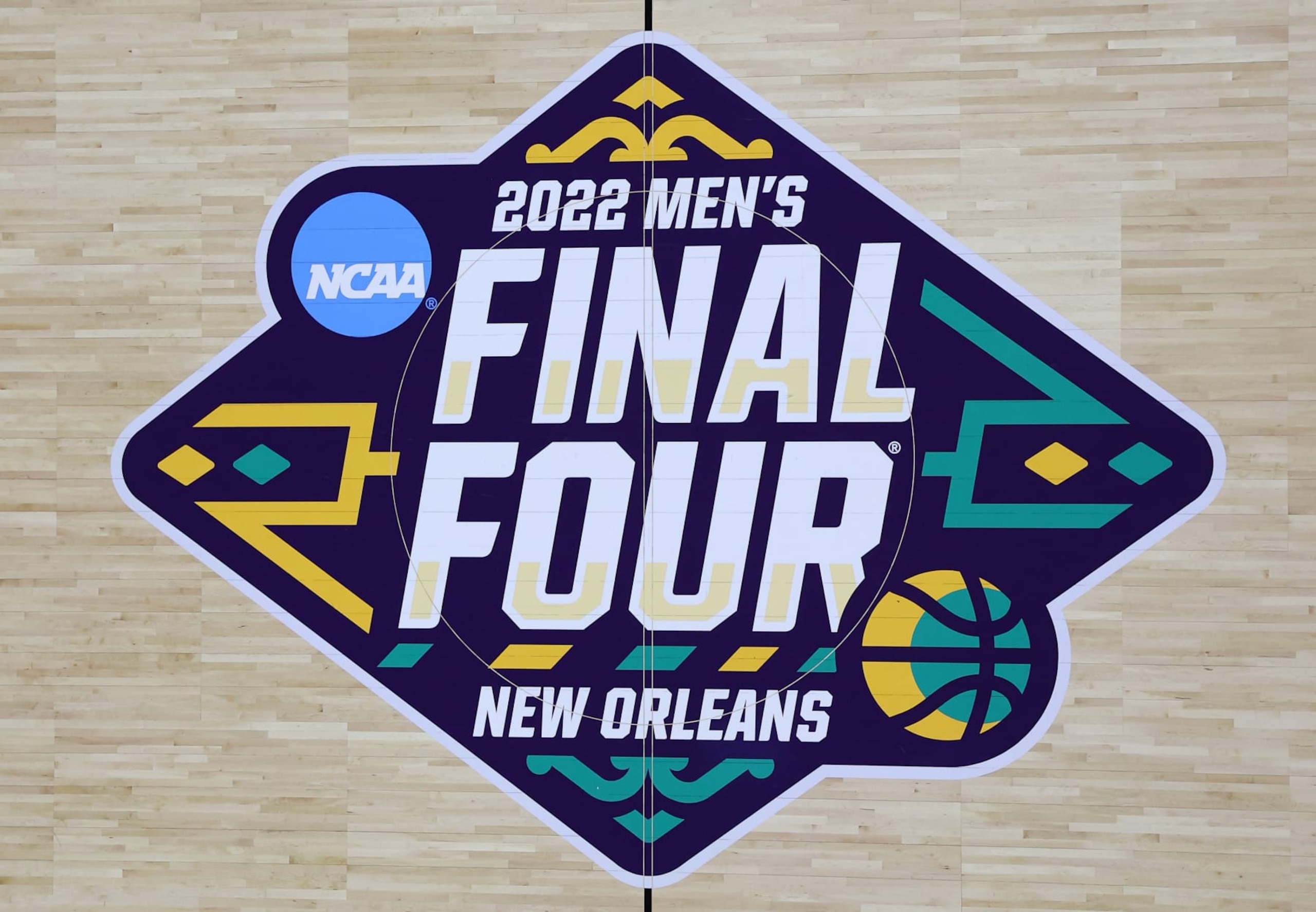 NEW ORLEANS, LOUISIANA - APRIL 02: The logo for the 2022 NCAA Men's Basketball Tournament Final Four semifinal is seen on the court before the game between the Villanova Wildcats and the Kansas Jayhawks at Caesars Superdome on April 02, 2022 in New Orleans, Louisiana. (Photo by Rob Carr/Getty Images)