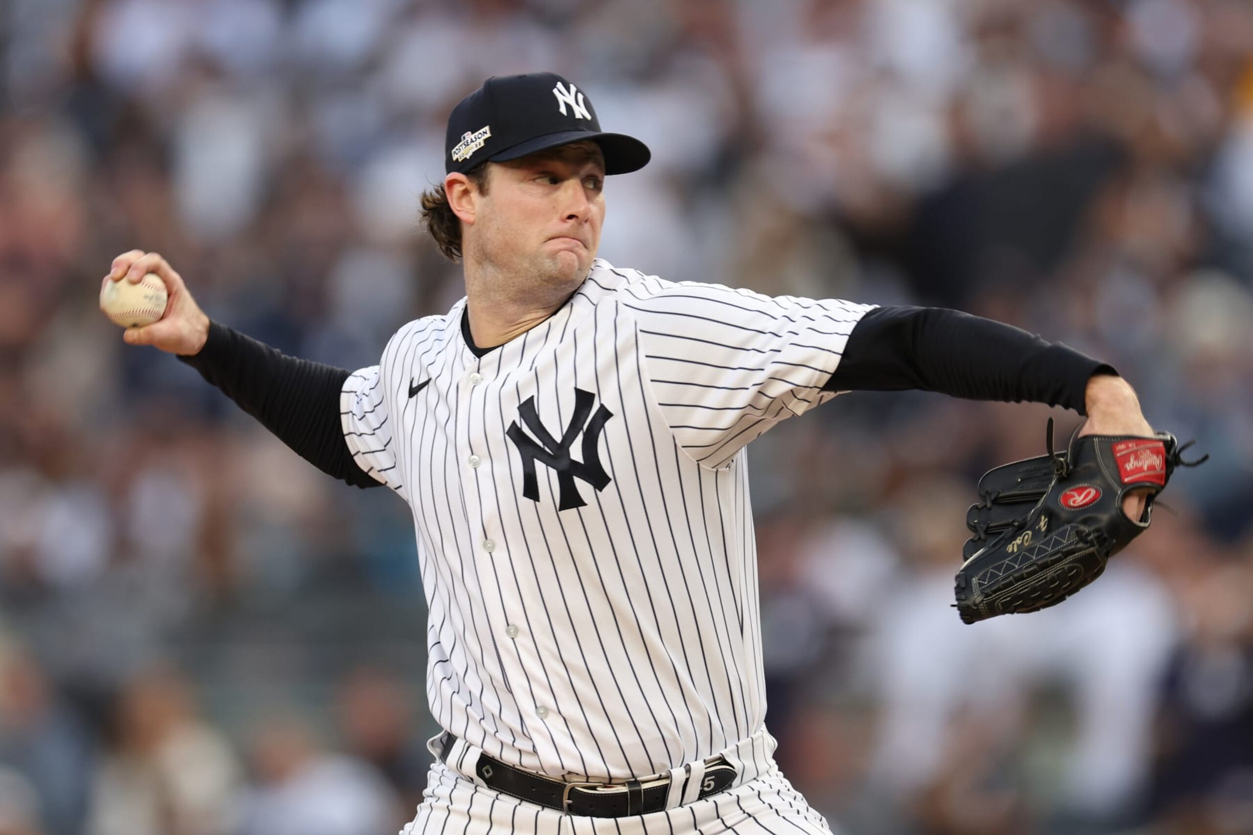 NEW YORK, NEW YORK - OCTOBER 22: Gerrit Cole #45 of the New York Yankees pitches against the Houston Astros during the first inning in game three of the American League Championship Series at Yankee Stadium on October 22, 2022 in New York City. (Photo by Jamie Squire/Getty Images)