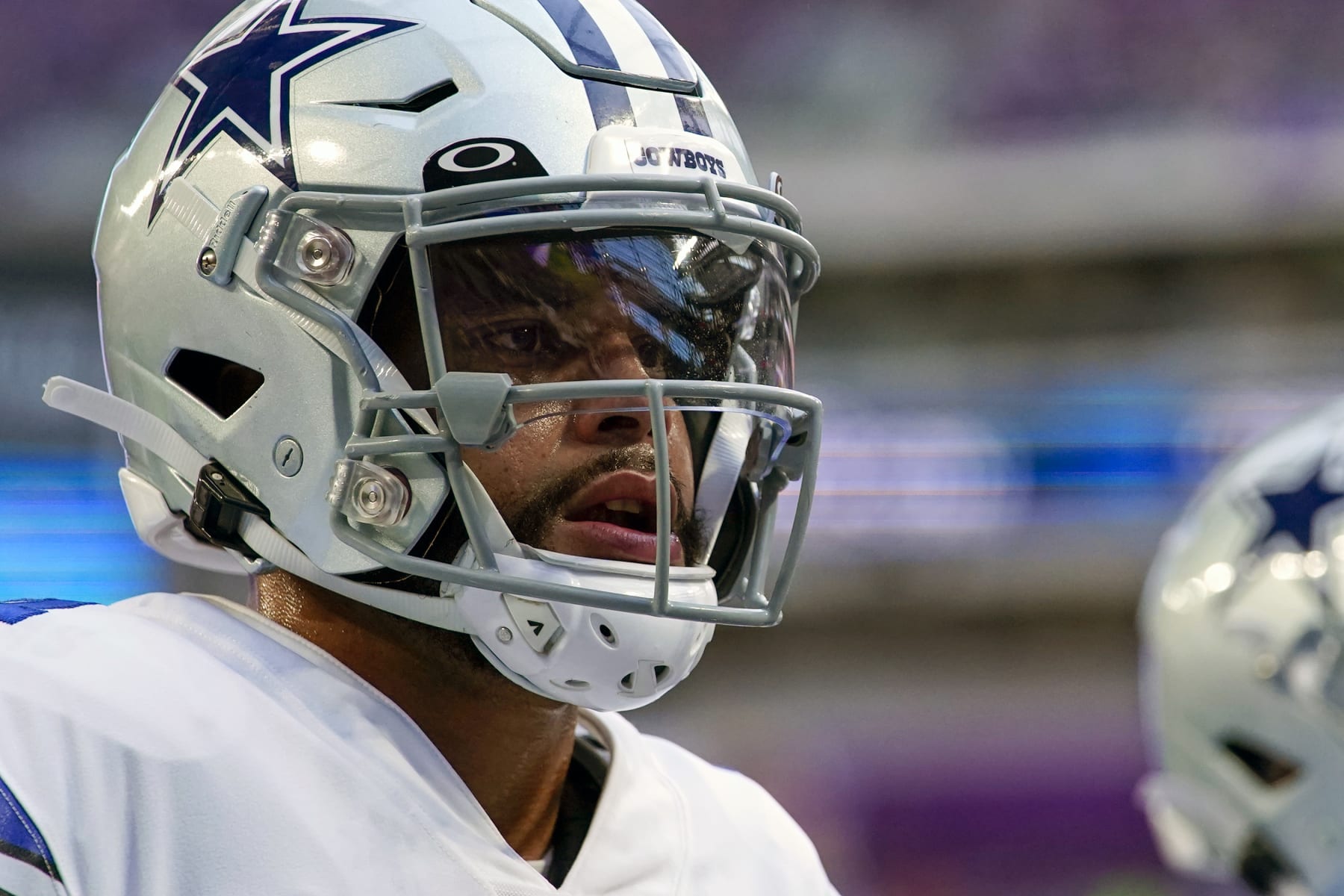 MINNEAPOLIS, MN - NOVEMBER 20: Dallas Cowboys quarterback Dak Prescott (4) looks on during a game between the Minnesota Vikings and Dallas Cowboys on November 20, 2022, at U.S. Bank Stadium in Minneapolis, MN.(Photo by Nick Wosika/Icon Sportswire via Getty Images)