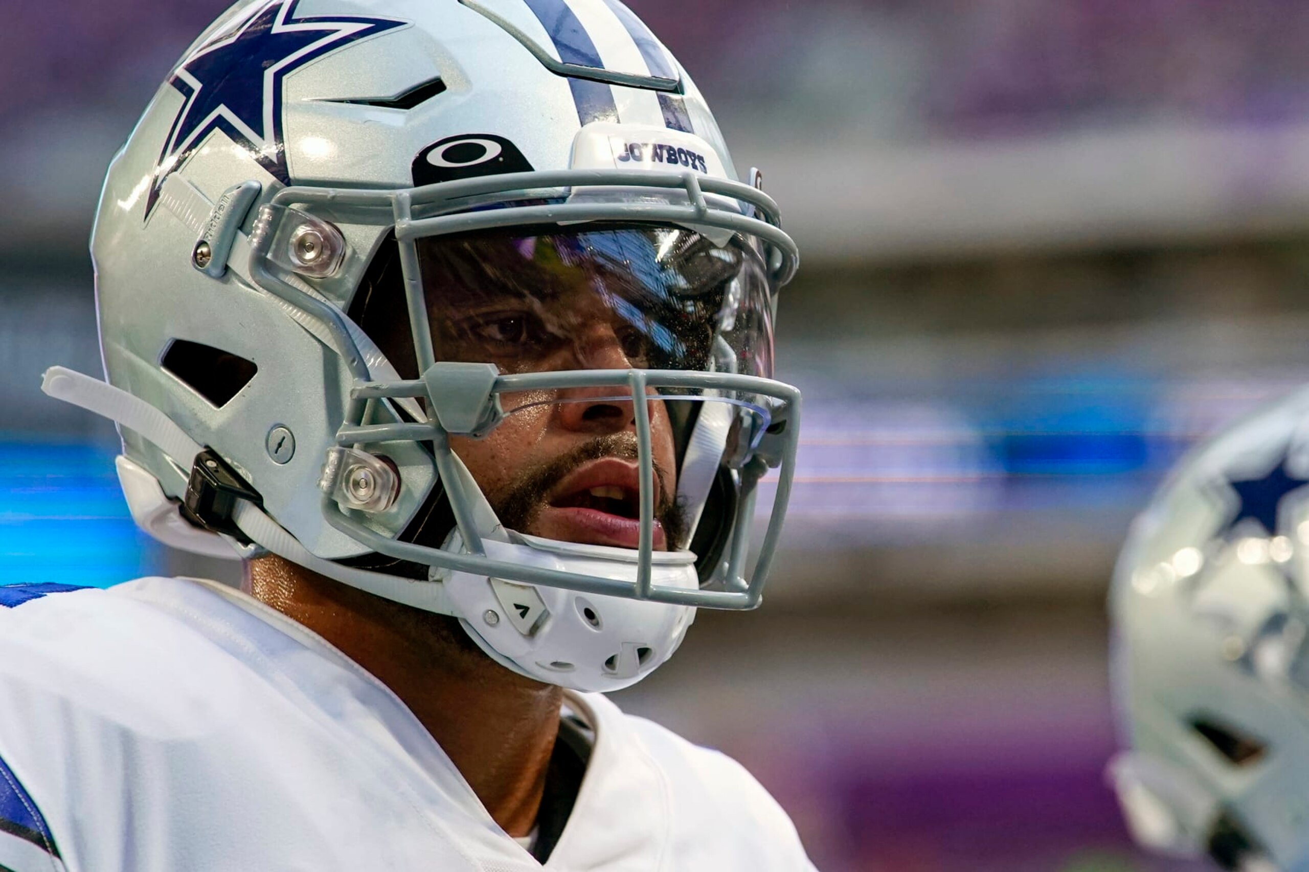MINNEAPOLIS, MN - NOVEMBER 20: Dallas Cowboys quarterback Dak Prescott (4) looks on during a game between the Minnesota Vikings and Dallas Cowboys on November 20, 2022, at U.S. Bank Stadium in Minneapolis, MN.(Photo by Nick Wosika/Icon Sportswire via Getty Images) MINNEAPOLIS, MN - NOVEMBER 20: Dallas Cowboys quarterback Dak Prescott (4) looks on during a game between the Minnesota Vikings and Dallas Cowboys on November 20, 2022, at U.S. Bank Stadium in Minneapolis, MN.(Photo by Nick Wosika/Icon Sportswire via Getty Images)