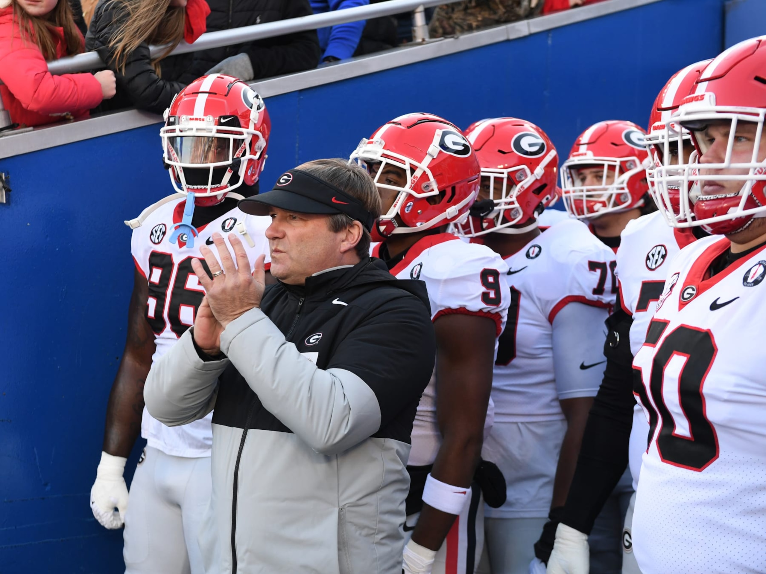 LEXINGTON, KY - NOVEMBER 19: Georgia Bulldogs Head Coach Kirby Smart waits to lead the team onto the field before the college football game between the Georgia Bulldogs and the Kentucky Wildcats on November 19, 2022, at Common Wealth Stadium in Lexington, KY. (Photo by Jeffrey Vest/Icon Sportswire via Getty Images) LEXINGTON, KY - NOVEMBER 19: Georgia Bulldogs Head Coach Kirby Smart waits to lead the team onto the field before the college football game between the Georgia Bulldogs and the Kentucky Wildcats on November 19, 2022, at Common Wealth Stadium in Lexington, KY. (Photo by Jeffrey Vest/Icon Sportswire via Getty Images)