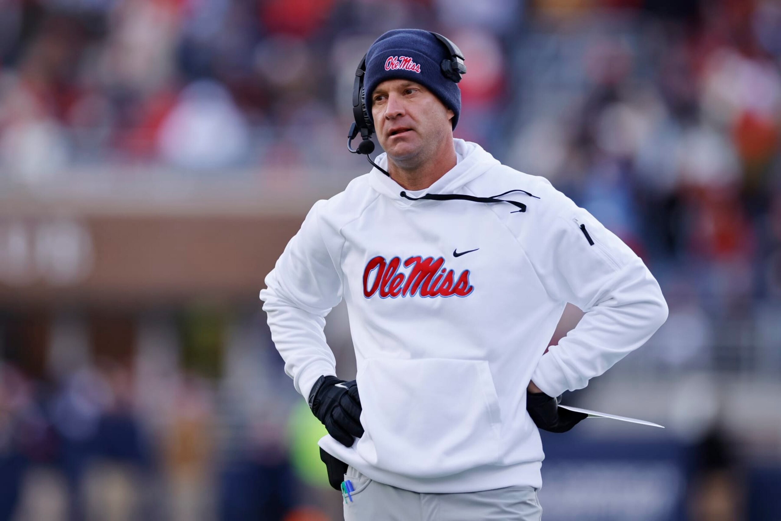 OXFORD, MS - NOVEMBER 12: Mississippi Rebels head coach Lane Kiffin reacts during a college football game against the Alabama Crimson Tide on November 12, 2022 at Vaught-Hemingway Stadium in Oxford, Mississippi. (Photo by Joe Robbins/Icon Sportswire via Getty Images) OXFORD, MS - NOVEMBER 12: Mississippi Rebels head coach Lane Kiffin reacts during a college football game against the Alabama Crimson Tide on November 12, 2022 at Vaught-Hemingway Stadium in Oxford, Mississippi. (Photo by Joe Robbins/Icon Sportswire via Getty Images)