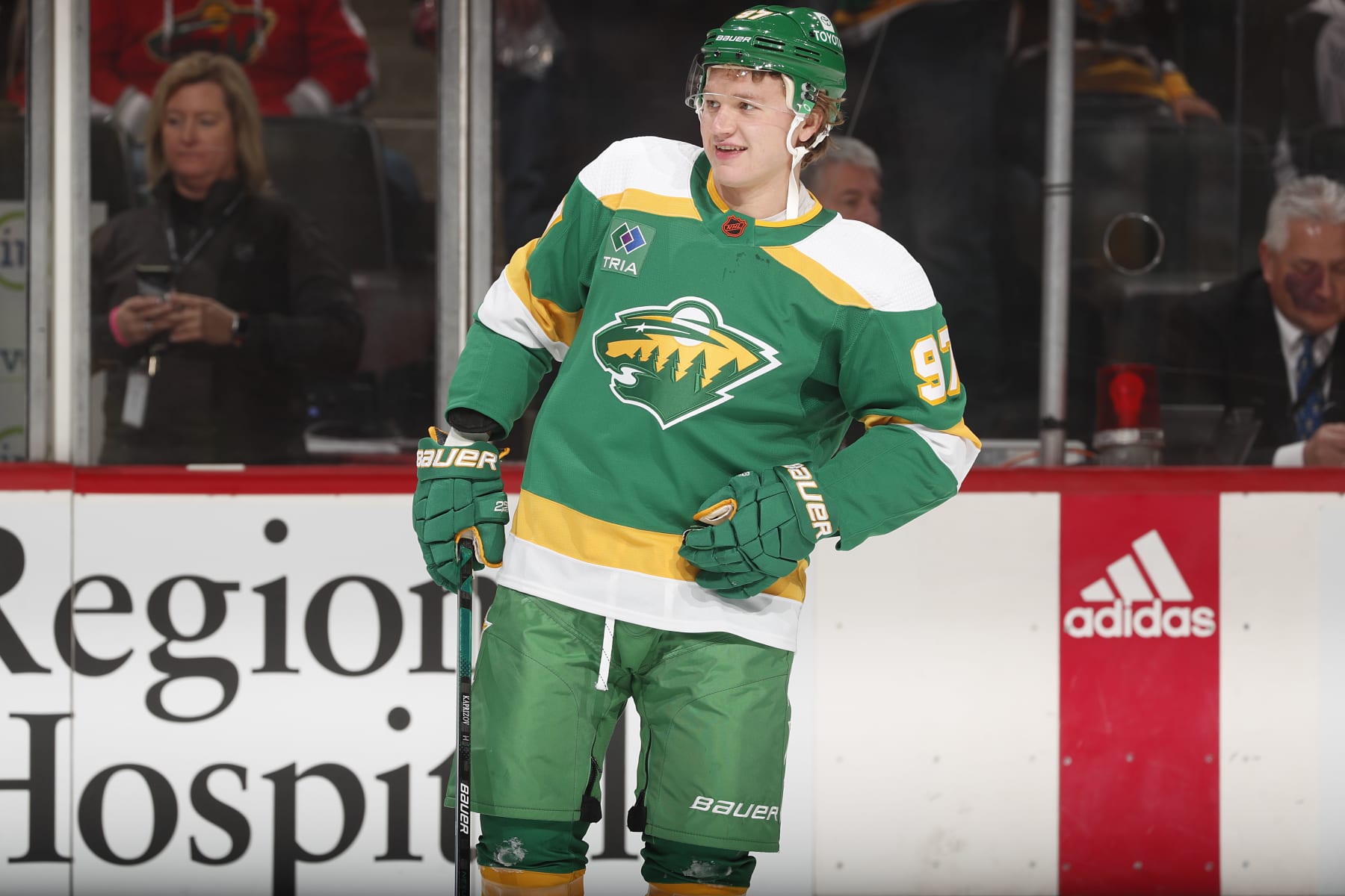 SAINT PAUL, MN - NOVEMBER 17: Kirill Kaprizov #97 of the Minnesota Wild warms up prior to the game against the Pittsburgh Penguins at the Xcel Energy Center on November 17, 2022 in Saint Paul, Minnesota. (Photo by Bruce Kluckhohn/NHLI via Getty Images)