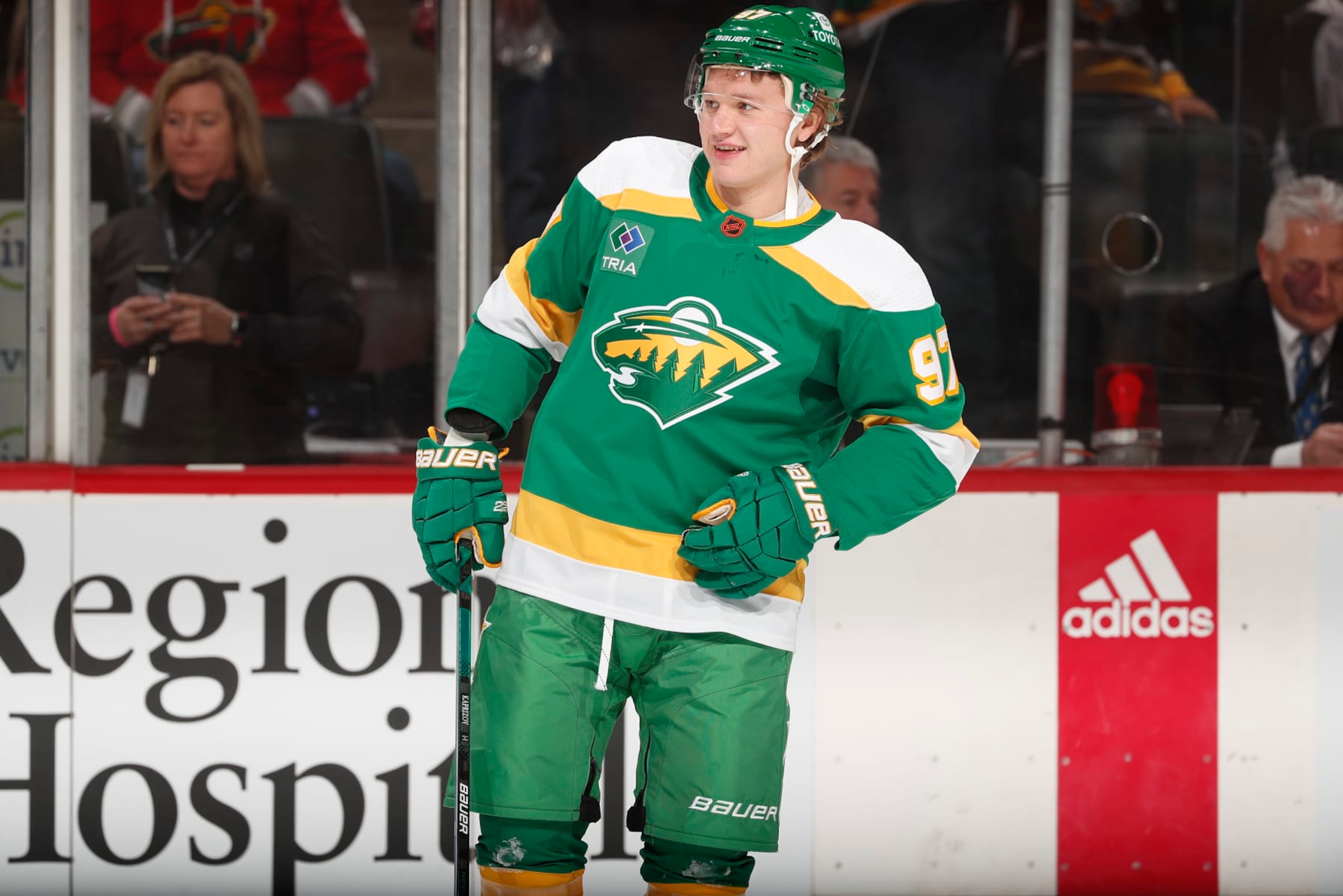 SAINT PAUL, MN - NOVEMBER 17: Kirill Kaprizov #97 of the Minnesota Wild warms up prior to the game against the Pittsburgh Penguins at the Xcel Energy Center on November 17, 2022 in Saint Paul, Minnesota. (Photo by Bruce Kluckhohn/NHLI via Getty Images)