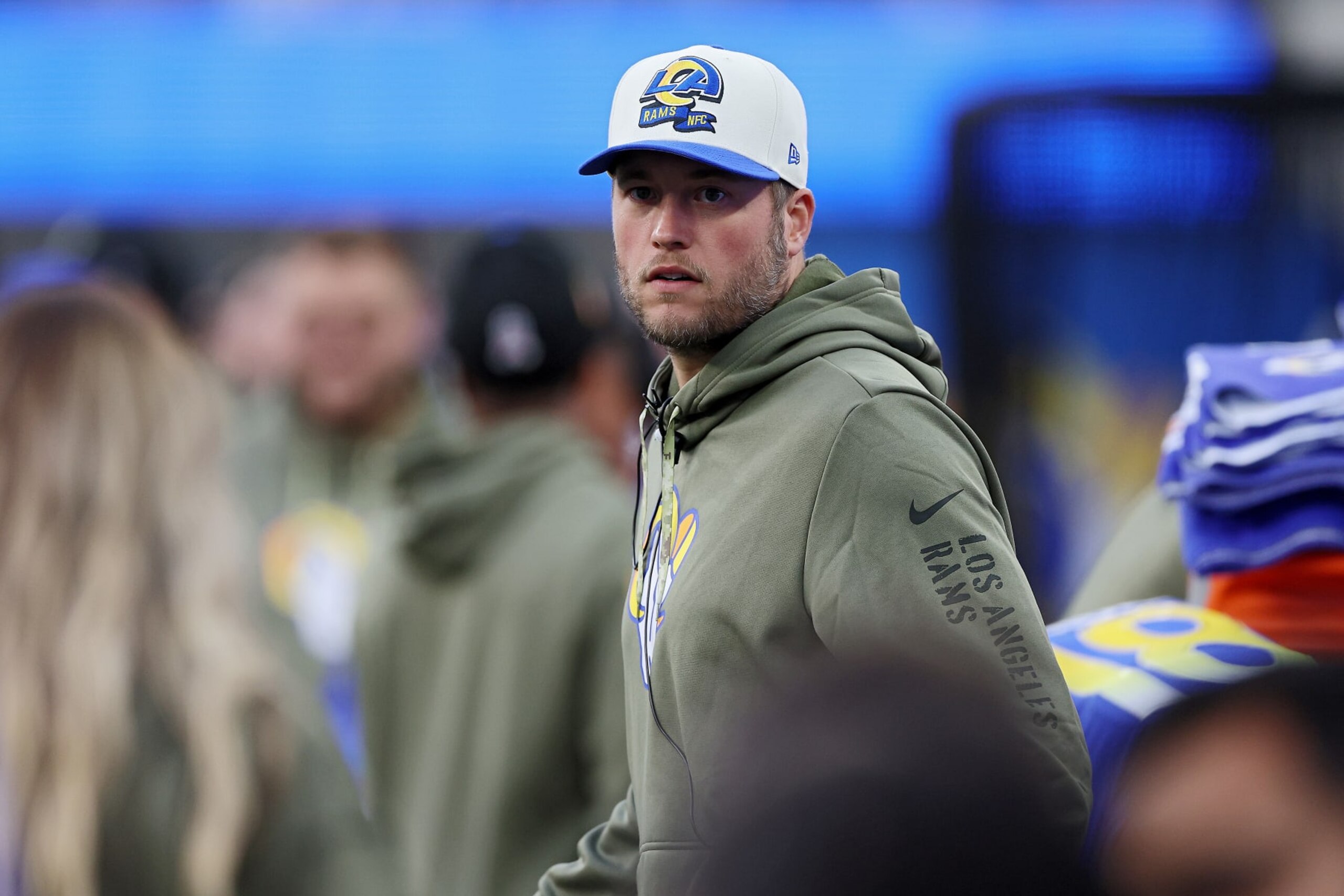 INGLEWOOD, CALIFORNIA - NOVEMBER 13: Matthew Stafford #9 of the Los Angeles Rams looks on from the sidelines during the third quarter of the game against the Arizona Cardinals at SoFi Stadium on November 13, 2022 in Inglewood, California. (Photo by Harry How/Getty Images) INGLEWOOD, CALIFORNIA - NOVEMBER 13: Matthew Stafford #9 of the Los Angeles Rams looks on from the sidelines during the third quarter of the game against the Arizona Cardinals at SoFi Stadium on November 13, 2022 in Inglewood, California. (Photo by Harry How/Getty Images)