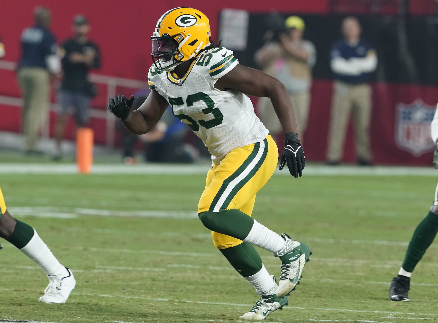 Green Bay Packers linebacker Jonathan Garvin (53) during an NFL football game against the Arizona Cardinals, Thursday, Oct. 28, 2021, in Glendale, Ariz. (AP Photo/Darryl Webb)