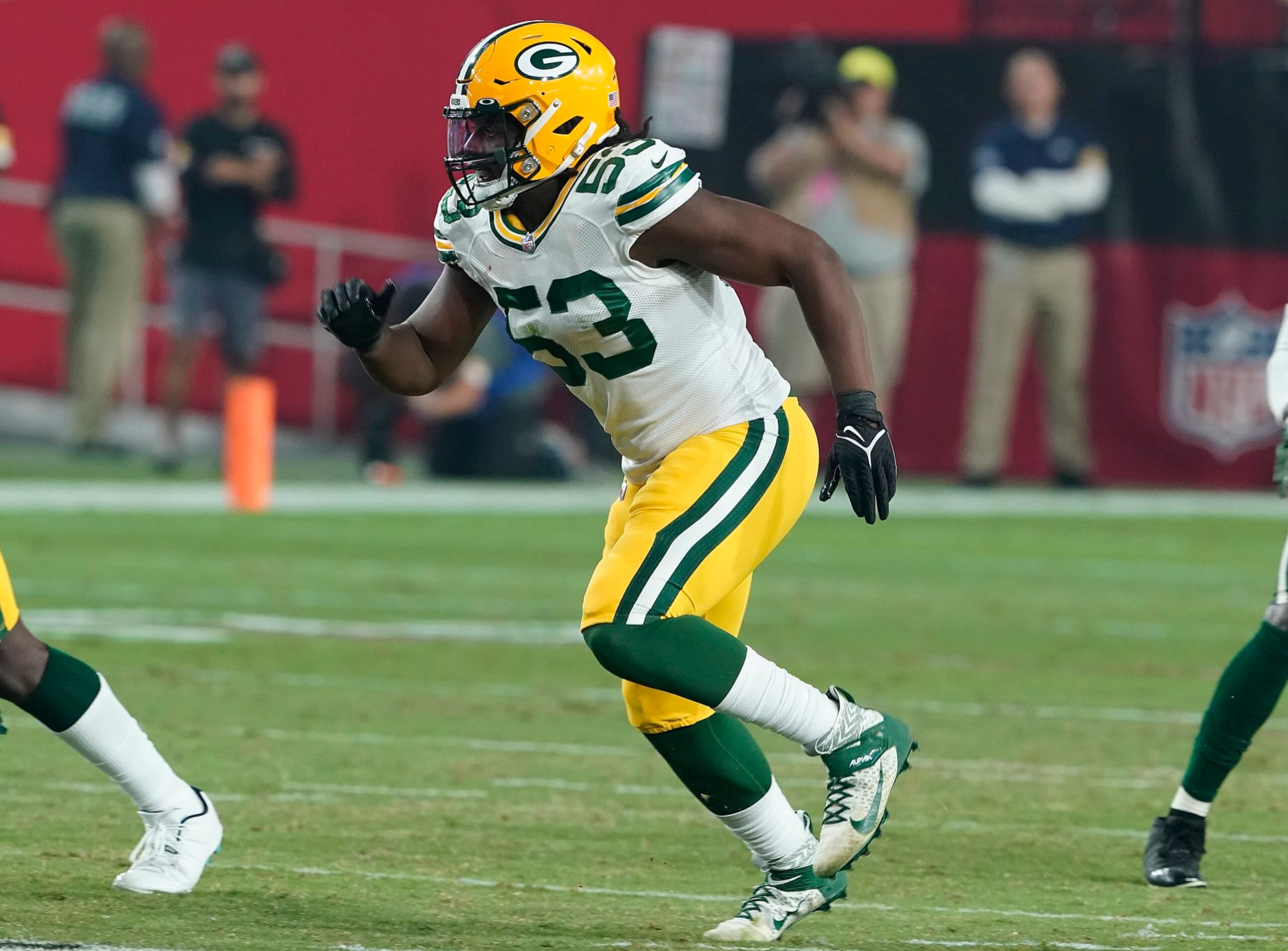 Green Bay Packers linebacker Jonathan Garvin (53) during an NFL football game against the Arizona Cardinals, Thursday, Oct. 28, 2021, in Glendale, Ariz. (AP Photo/Darryl Webb)