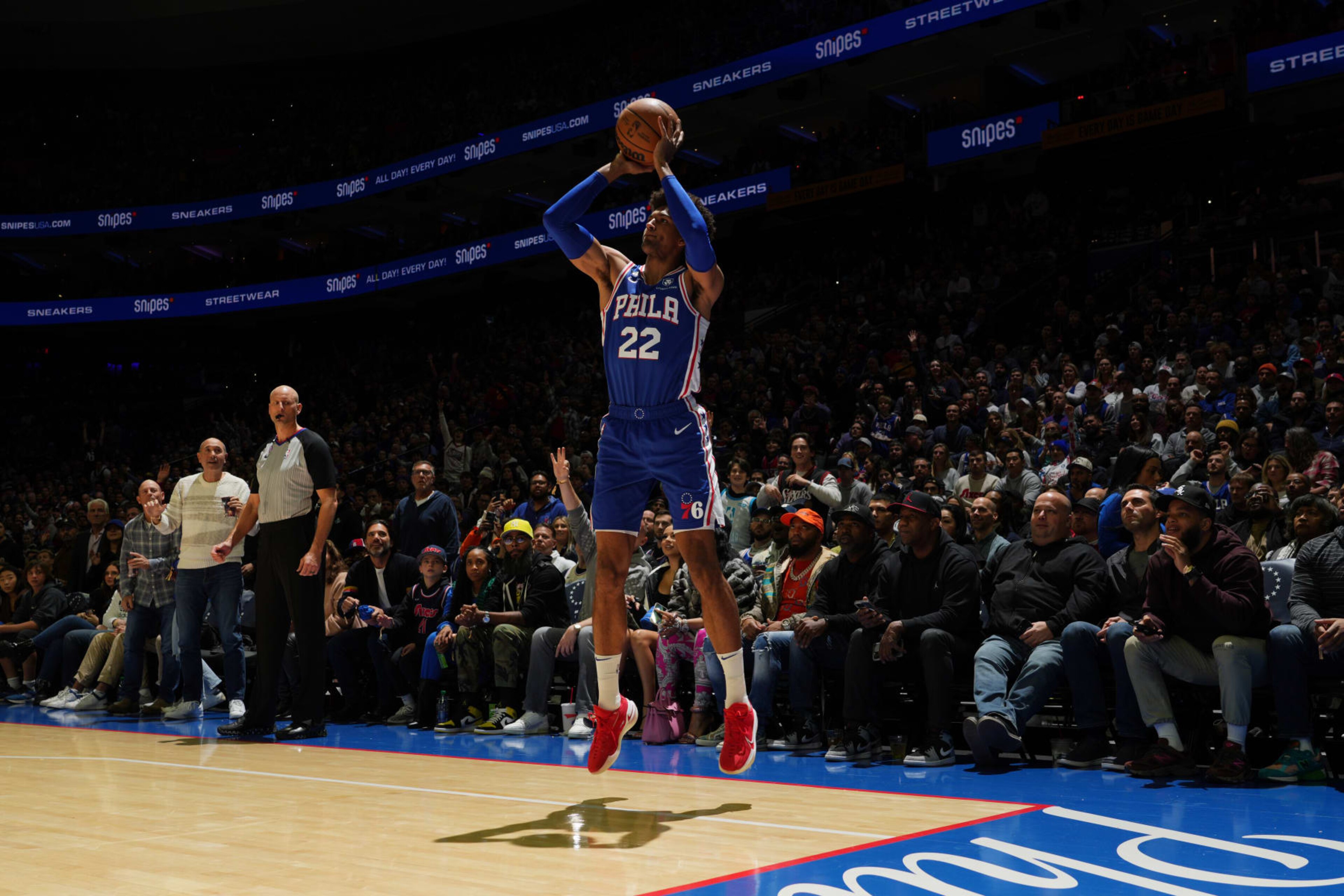 PHILADELPHIA, PA - NOVEMBER 22: Matisse Thybulle #22 of the Philadelphia 76ers shoots the ball during the game against the Brooklyn Nets on November 22, 2022 at the Wells Fargo Center in Philadelphia, Pennsylvania NOTE TO USER: User expressly acknowledges and agrees that, by downloading and/or using this Photograph, user is consenting to the terms and conditions of the Getty Images License Agreement. Mandatory Copyright Notice: Copyright 2022 NBAE (Photo by Jesse D. Garrabrant/NBAE via Getty Images)