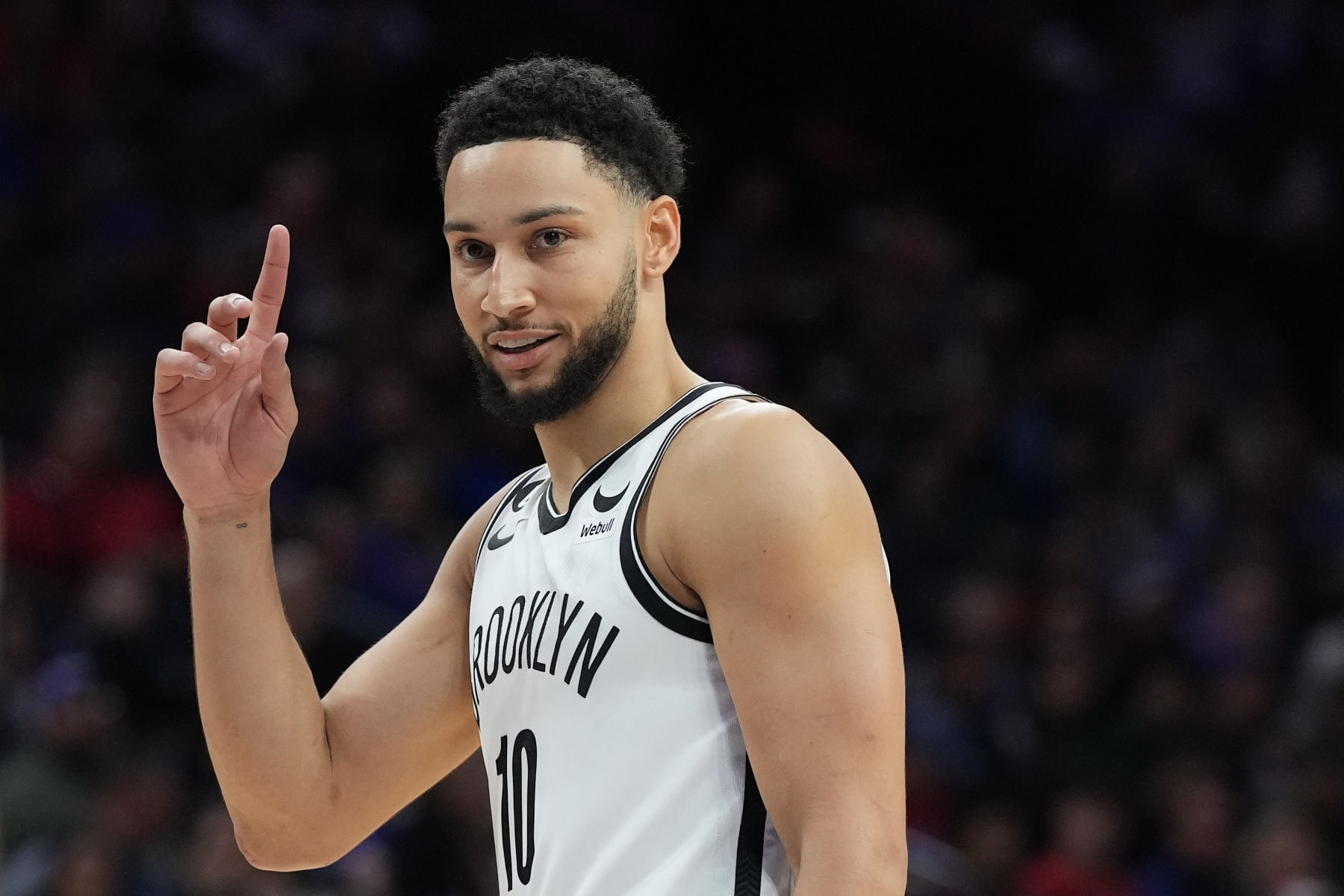 PHILADELPHIA, PA - NOVEMBER 22: Ben Simmons #10 of the Brooklyn Nets reacts during the game against the Philadelphia 76ers in the second quarter at the Wells Fargo Center on November 22, 2022 in Philadelphia, Pennsylvania. NOTE TO USER: User expressly acknowledges and agrees that, by downloading and or using this photograph, User is consenting to the terms and conditions of the Getty Images License Agreement. (Photo by Mitchell Leff/Getty Images)