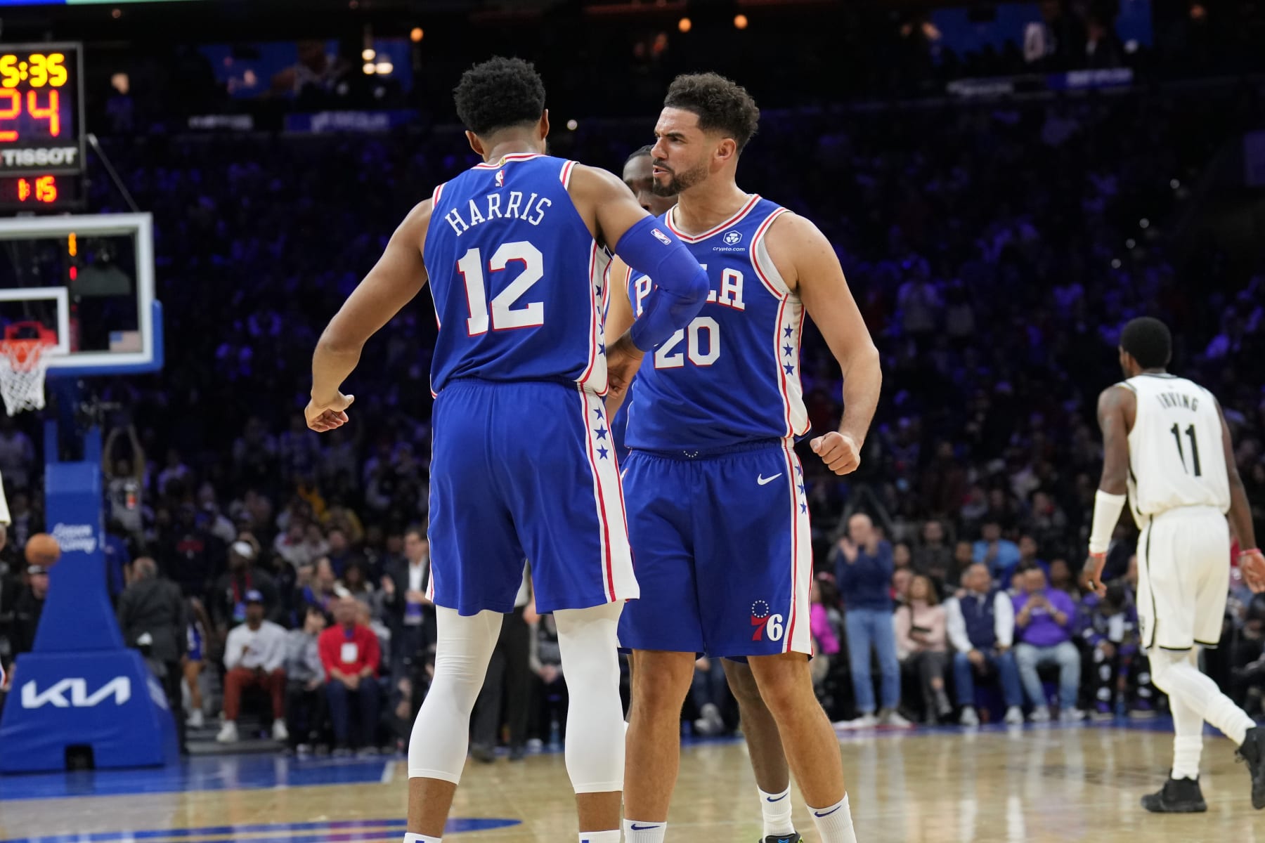 PHILADELPHIA, PA - NOVEMBER 22: Tobias Harris #12 and Georges Niang #20 of the Philadelphia 76ers celebrate during the game against the Brooklyn Nets on November 22, 2022 at the Wells Fargo Center in Philadelphia, Pennsylvania NOTE TO USER: User expressly acknowledges and agrees that, by downloading and/or using this Photograph, user is consenting to the terms and conditions of the Getty Images License Agreement. Mandatory Copyright Notice: Copyright 2022 NBAE (Photo by Jesse D. Garrabrant/NBAE via Getty Images)