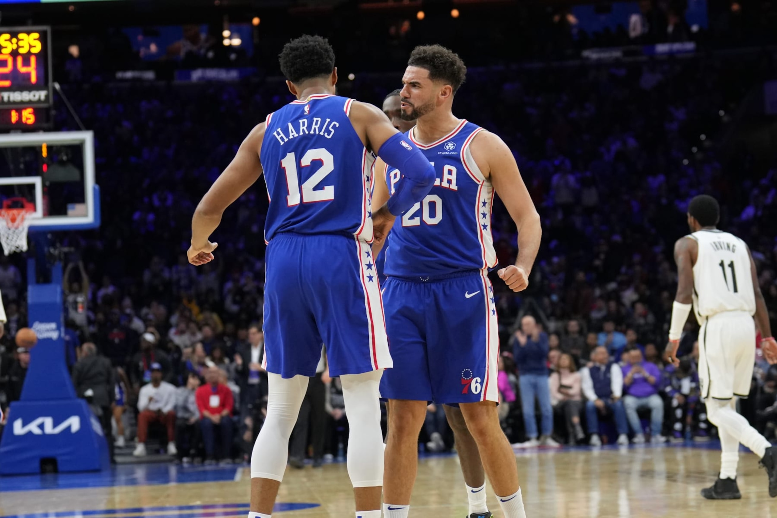 PHILADELPHIA, PA - NOVEMBER 22: Tobias Harris #12 and Georges Niang #20 of the Philadelphia 76ers celebrate during the game against the Brooklyn Nets on November 22, 2022 at the Wells Fargo Center in Philadelphia, Pennsylvania NOTE TO USER: User expressly acknowledges and agrees that, by downloading and/or using this Photograph, user is consenting to the terms and conditions of the Getty Images License Agreement. Mandatory Copyright Notice: Copyright 2022 NBAE (Photo by Jesse D. Garrabrant/NBAE via Getty Images) PHILADELPHIA, PA - NOVEMBER 22: Tobias Harris #12 and Georges Niang #20 of the Philadelphia 76ers celebrate during the game against the Brooklyn Nets on November 22, 2022 at the Wells Fargo Center in Philadelphia, Pennsylvania NOTE TO USER: User expressly acknowledges and agrees that, by downloading and/or using this Photograph, user is consenting to the terms and conditions of the Getty Images License Agreement. Mandatory Copyright Notice: Copyright 2022 NBAE (Photo by Jesse D. Garrabrant/NBAE via Getty Images)