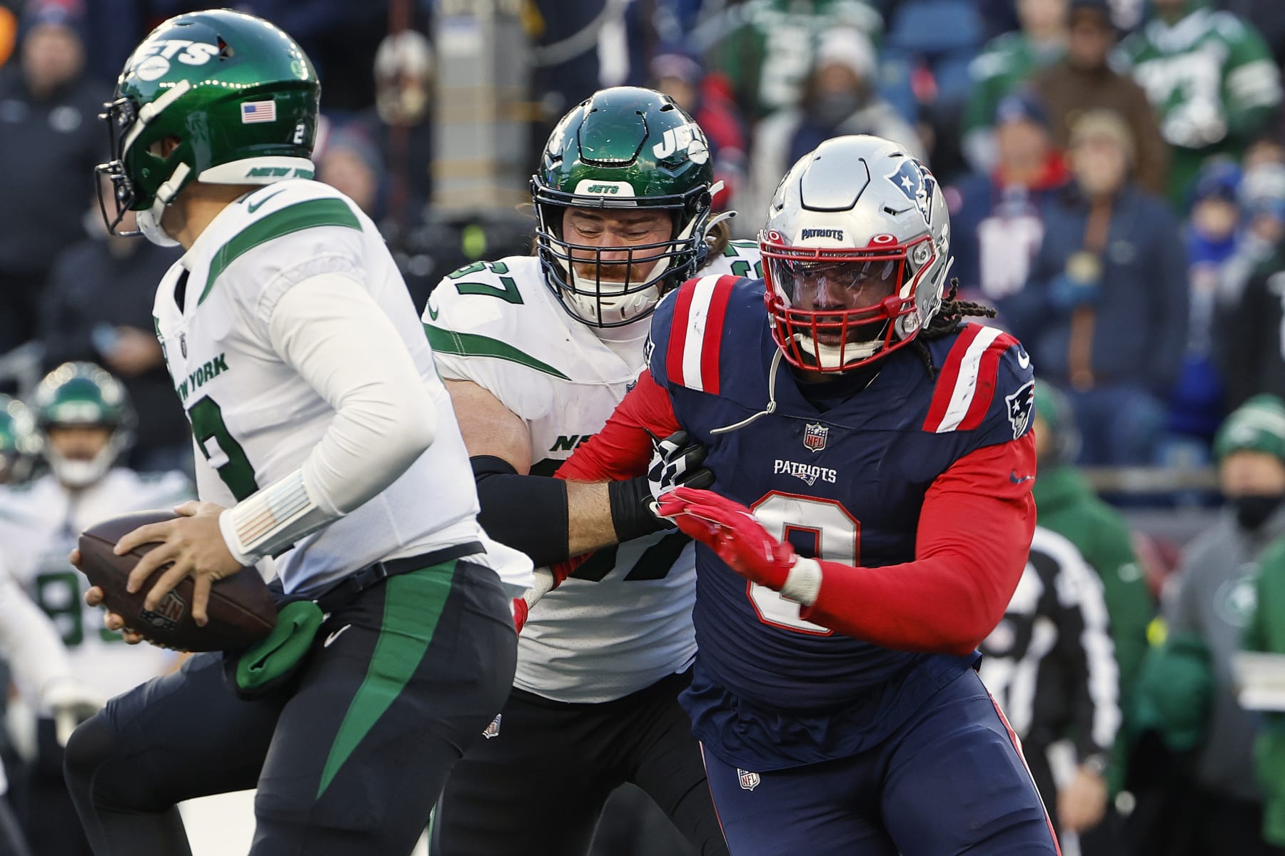 New England Patriots' Matthew Judon gets by guard Dan Feeney pressures New York Jets quarterback Zach Wilson during an NFL football game at Gillette Stadium, Sunday, Nov. 20, 2022 in Foxborough, Mass. (Winslow Townson/AP Images for Panini)