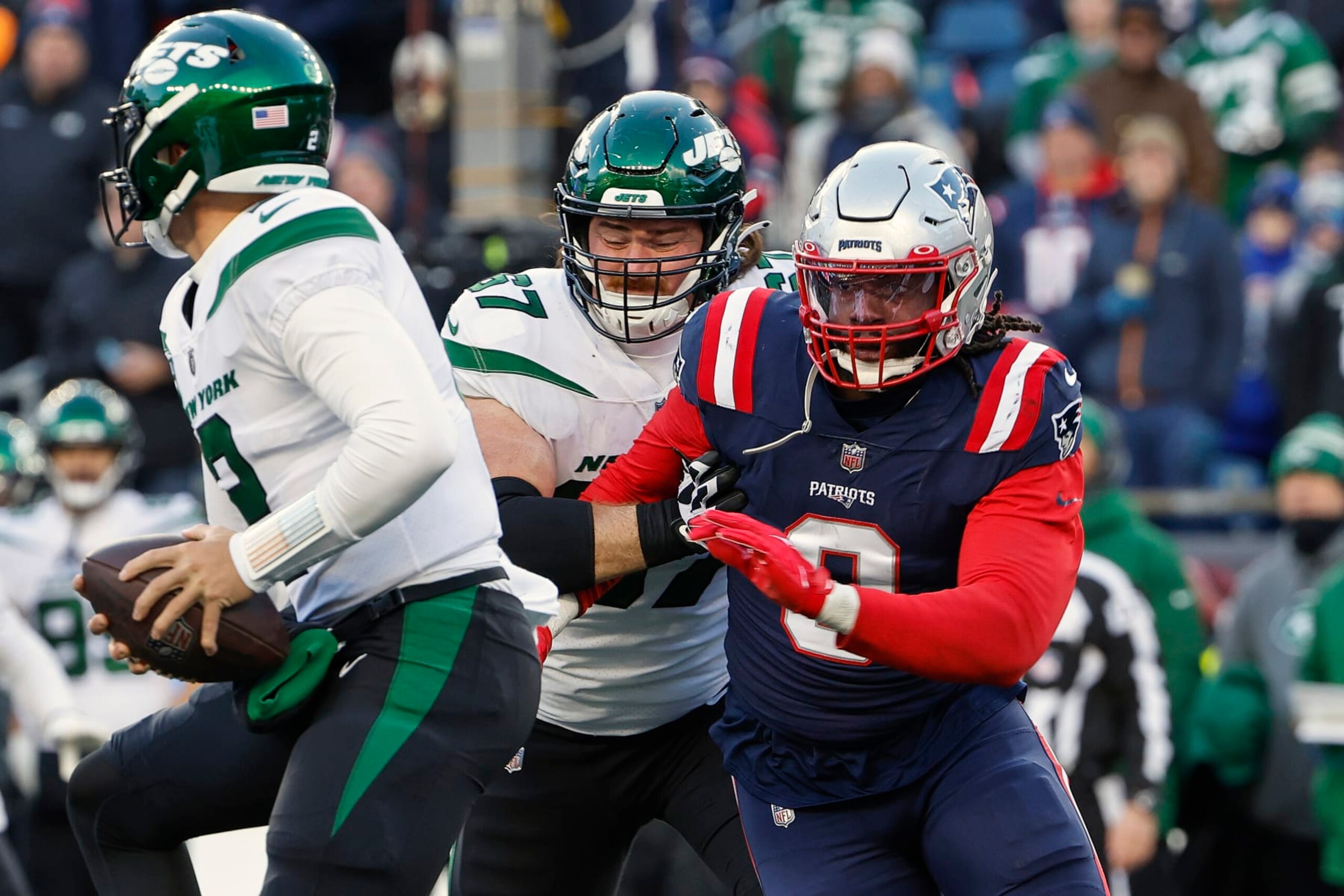 New England Patriots' Matthew Judon gets by guard Dan Feeney pressures New York Jets quarterback Zach Wilson during an NFL football game at Gillette Stadium, Sunday, Nov. 20, 2022 in Foxborough, Mass. (Winslow Townson/AP Images for Panini) New England Patriots' Matthew Judon gets by guard Dan Feeney pressures New York Jets quarterback Zach Wilson during an NFL football game at Gillette Stadium, Sunday, Nov. 20, 2022 in Foxborough, Mass. (Winslow Townson/AP Images for Panini)