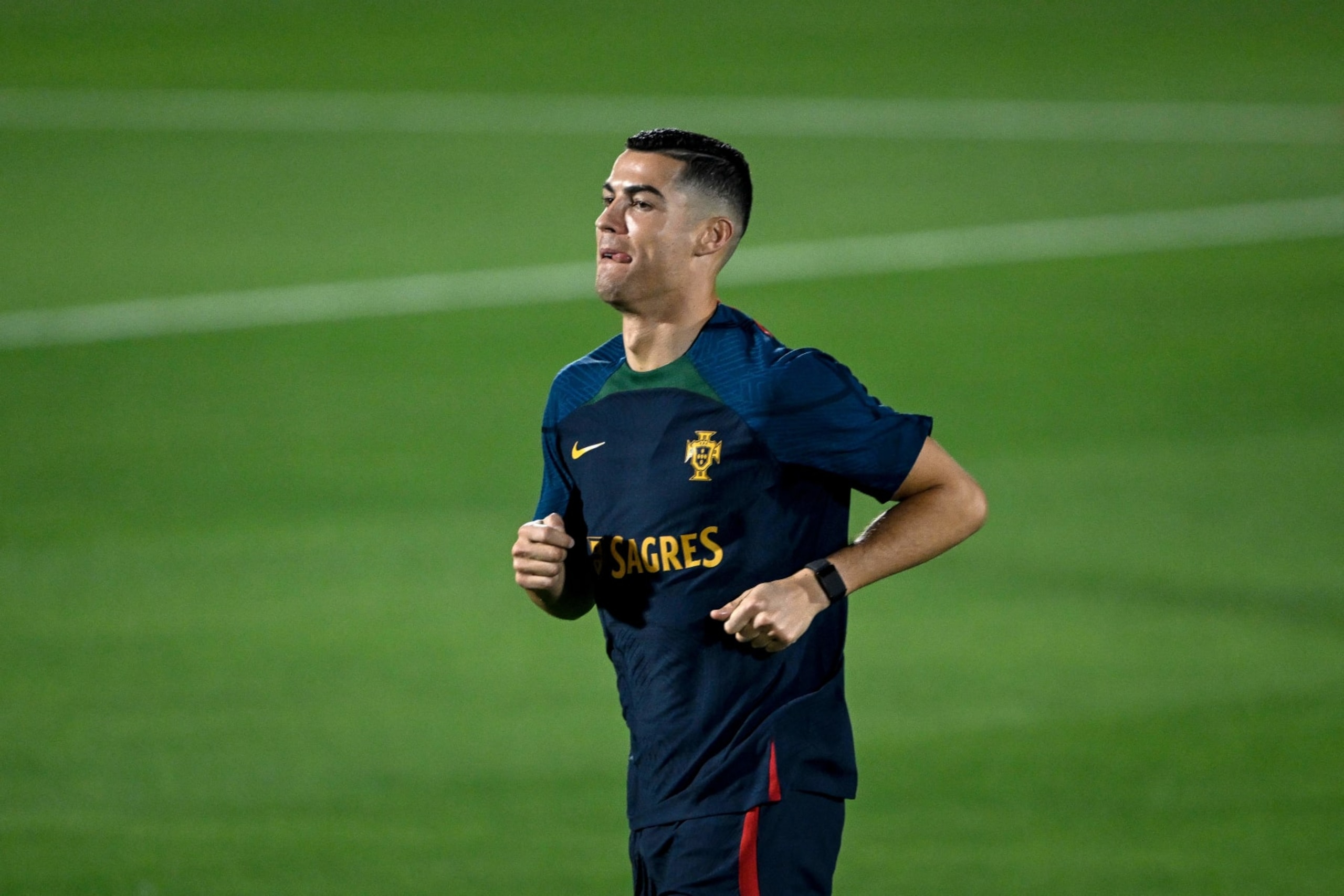 Portugal's forward Cristiano Ronaldo takes part in a training session at Shahaniya Sports Club in Al Samriya, northwest of Doha on November 19, 2022, ahead of the Qatar 2022 World Cup football tournament. (Photo by PATRICIA DE MELO MOREIRA / AFP) (Photo by PATRICIA DE MELO MOREIRA/AFP via Getty Images) Portugal's forward Cristiano Ronaldo takes part in a training session at Shahaniya Sports Club in Al Samriya, northwest of Doha on November 19, 2022, ahead of the Qatar 2022 World Cup football tournament. (Photo by PATRICIA DE MELO MOREIRA / AFP) (Photo by PATRICIA DE MELO MOREIRA/AFP via Getty Images)