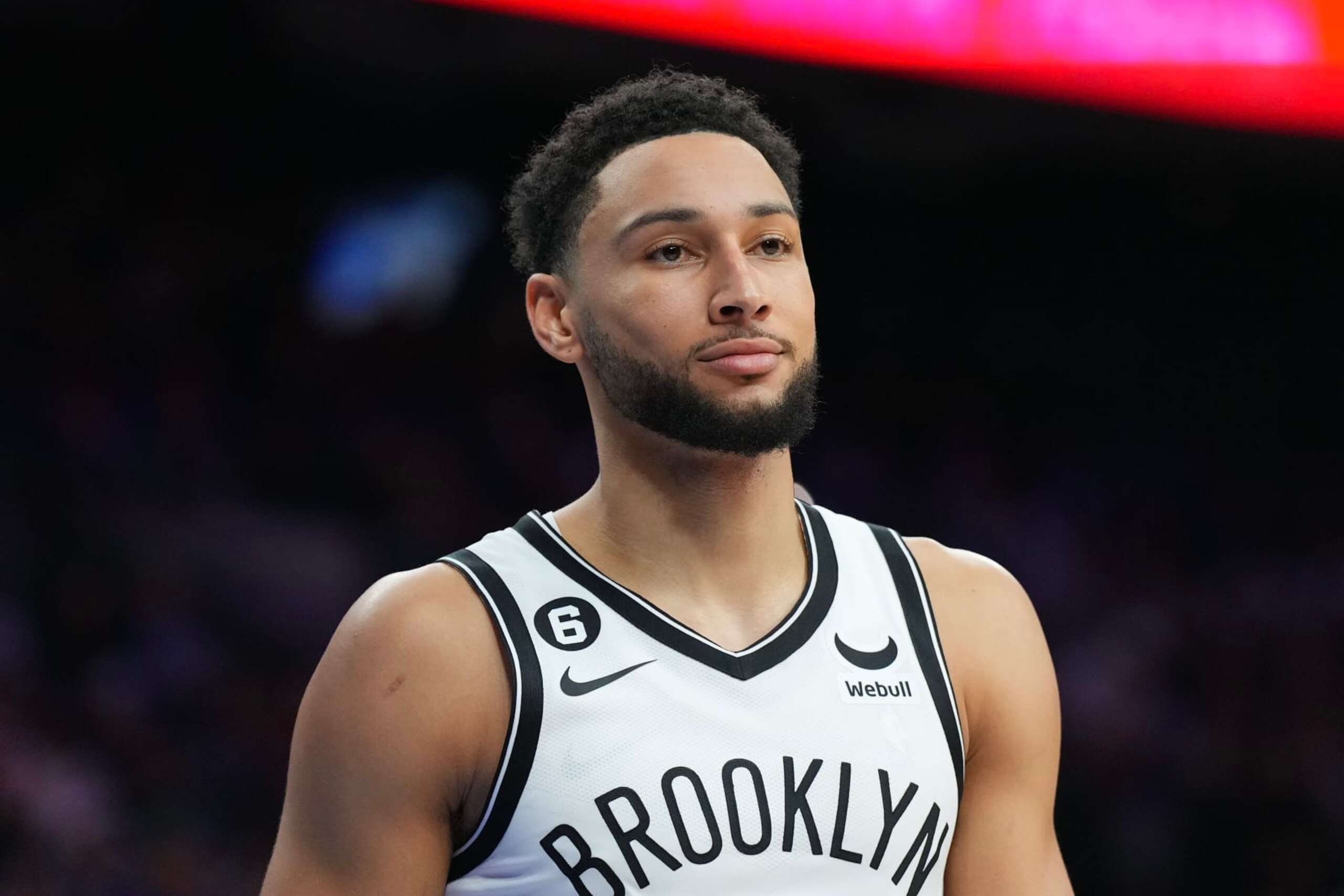 PHILADELPHIA, PA - NOVEMBER 22: Ben Simmons #10 of the Brooklyn Nets looks on against the Philadelphia 76ers at the Wells Fargo Center on November 22, 2022 in Philadelphia, Pennsylvania. NOTE TO USER: User expressly acknowledges and agrees that, by downloading and or using this photograph, User is consenting to the terms and conditions of the Getty Images License Agreement. (Photo by Mitchell Leff/Getty Images)