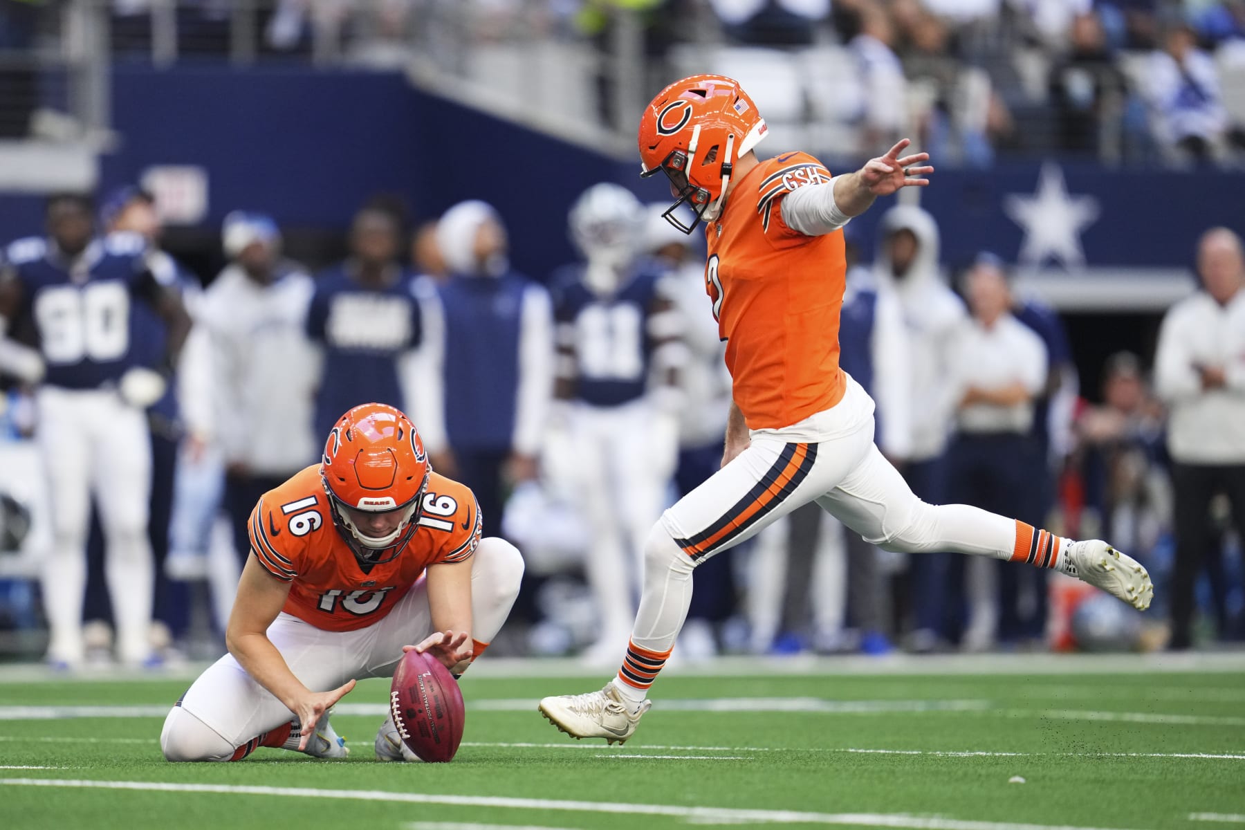 ARLINGTON, TX - OCTOBER 30: Cairo Santos #2 of the Chicago Bears kicks against the Dallas Cowboys at AT&T Stadium on October 30, 2022 in Arlington, Texas. (Photo by Cooper Neill/Getty Images)
