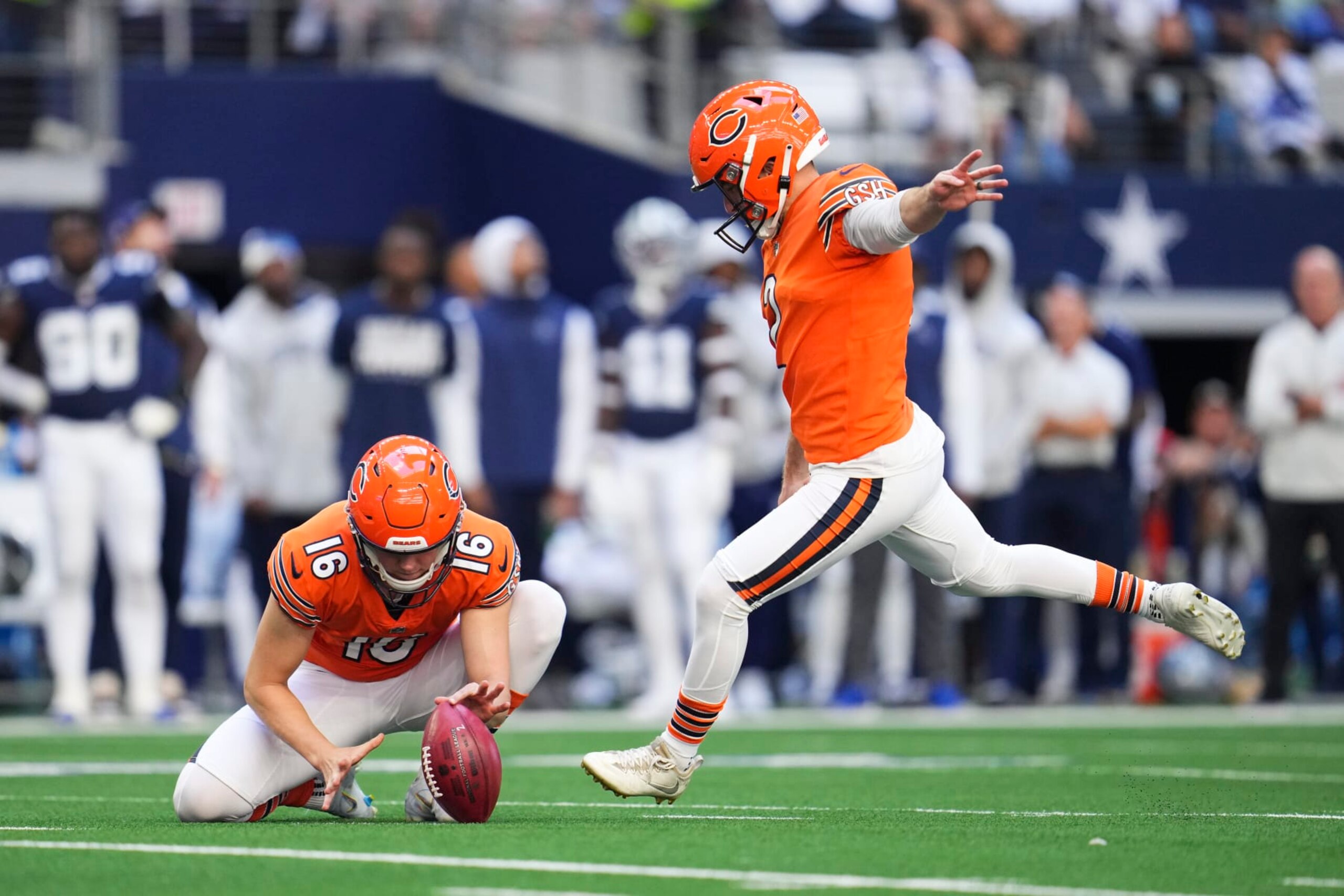 ARLINGTON, TX - OCTOBER 30: Cairo Santos #2 of the Chicago Bears kicks against the Dallas Cowboys at AT&T Stadium on October 30, 2022 in Arlington, Texas. (Photo by Cooper Neill/Getty Images)