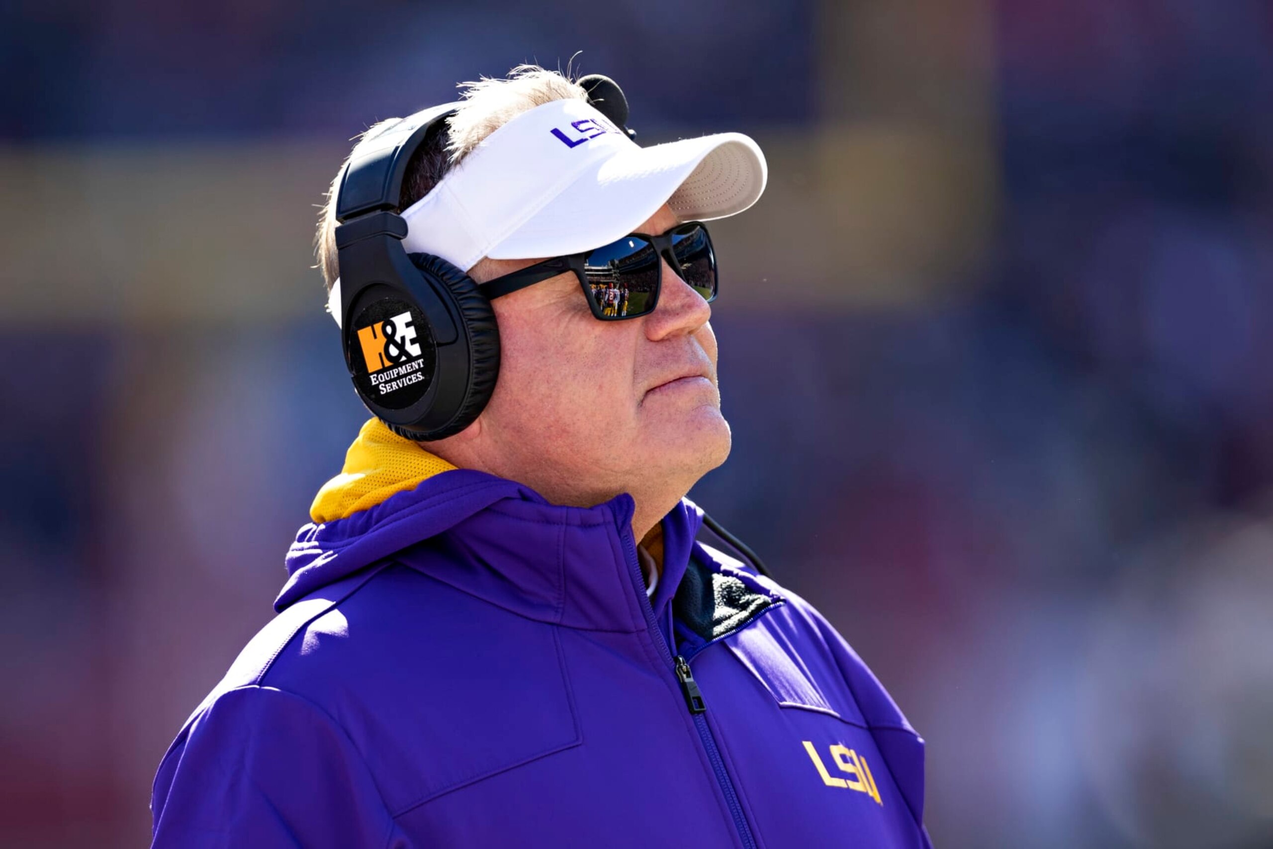 FAYETTEVILLE, ARKANSAS - NOVEMBER 12: Head Coach Brian Kelly of the LSU Tigers on the sidelines during a game against the Arkansas Razorbacks at Donald W. Reynolds Razorback Stadium on November 12, 2022 in Fayetteville, Arkansas. The Tigers defeated the Razorbacks 13-10. (Photo by Wesley Hitt/Getty Images)