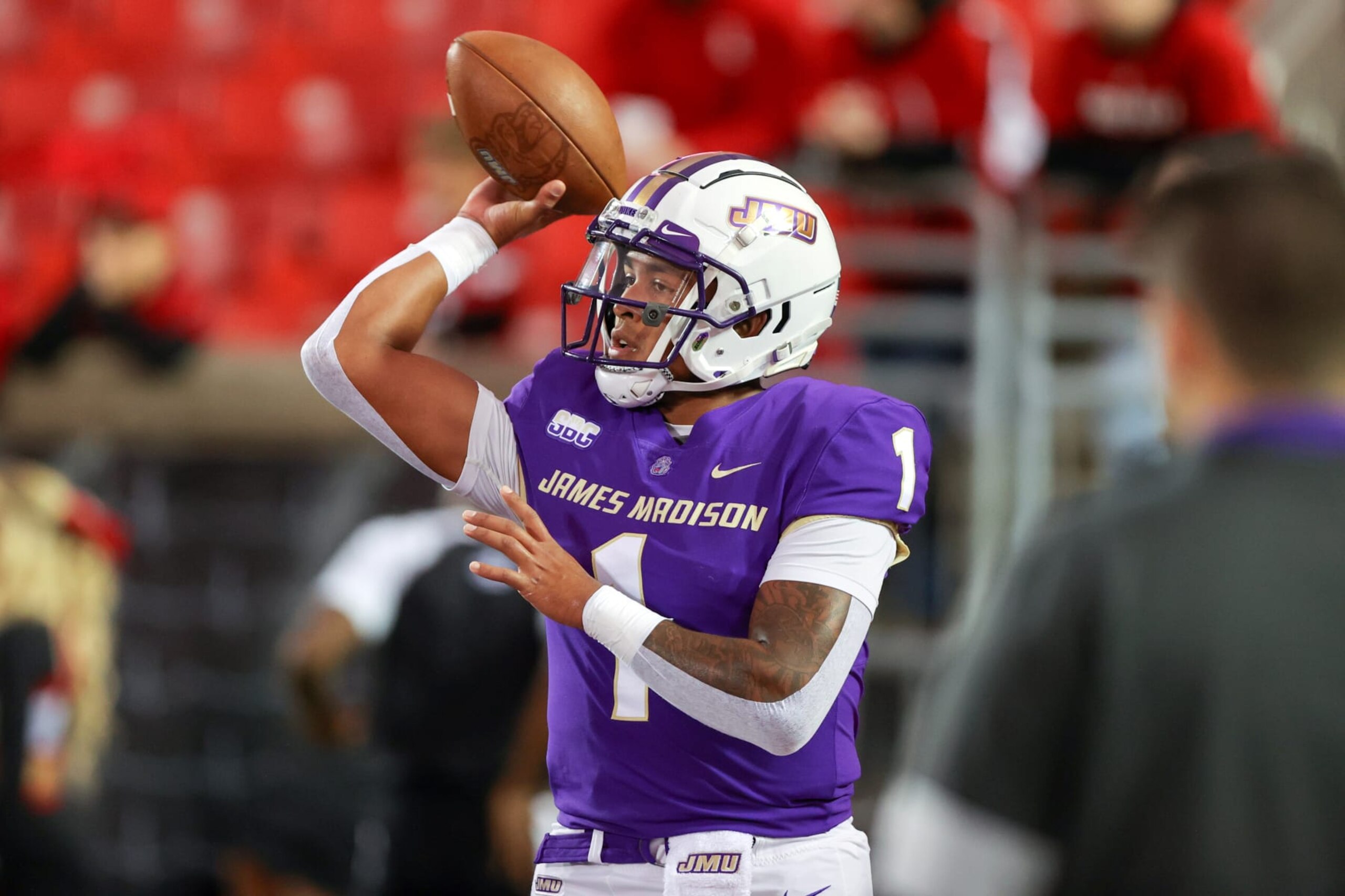 LOUISVILLE, KY - NOVEMBER 05: James Madison Dukes quarterback Todd Centeio (1) warms up prior to the college football game between the James Madison Dukes and Louisville Cardinals on November 5, 2022, at Cardinal Stadium in Louisville, KY. (Photo by Frank Jansky/Icon Sportswire via Getty Images)